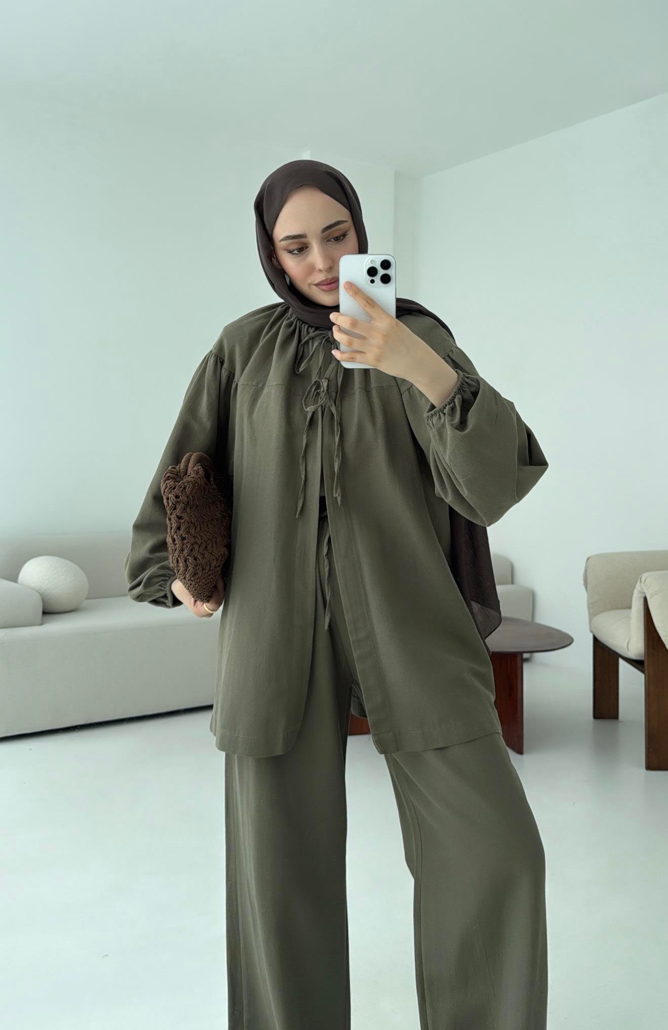 Omuz Büzgülü Kimono Takım Koyu Haki
