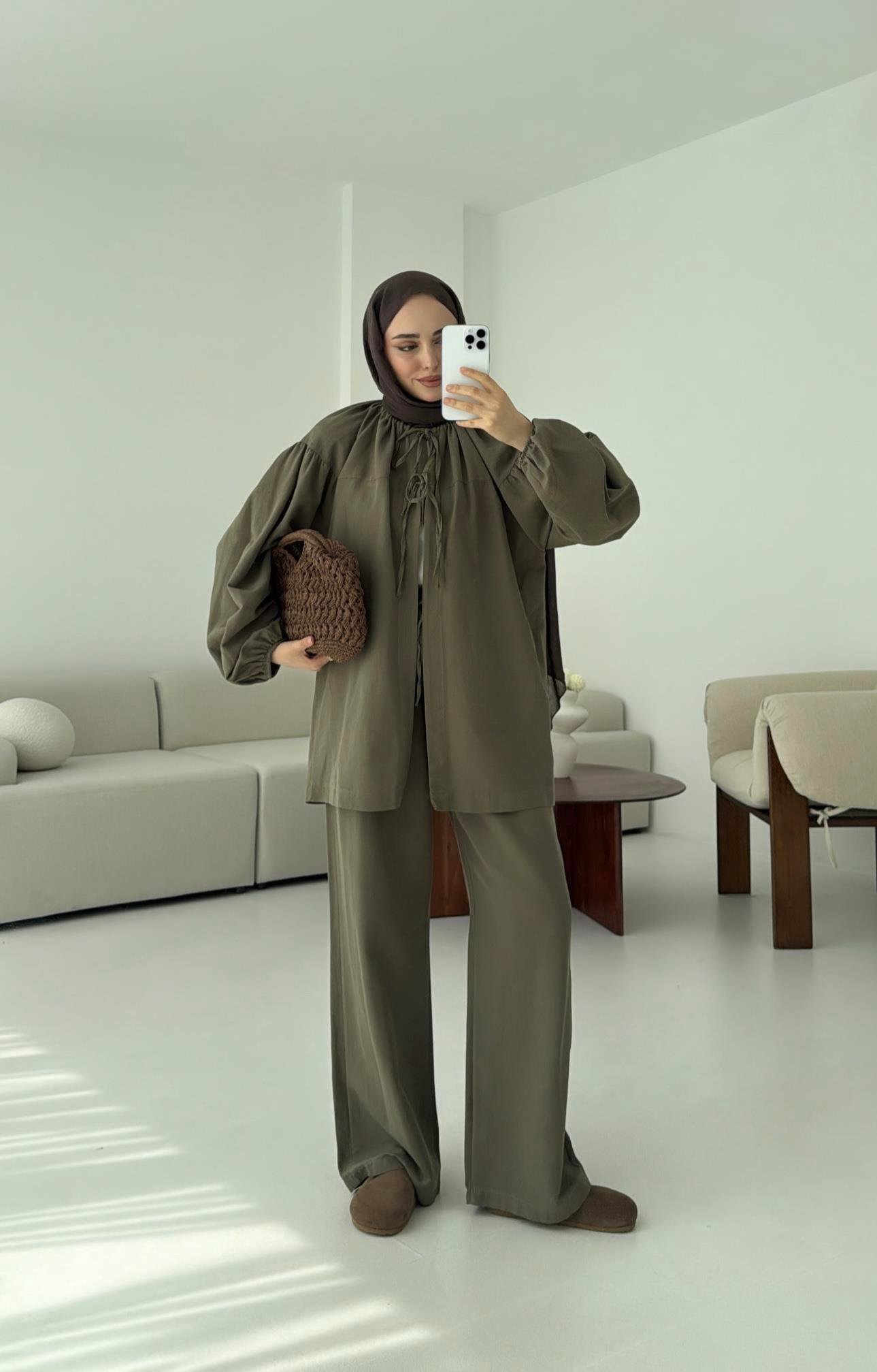 Omuz Büzgülü Kimono Takım Koyu Haki
