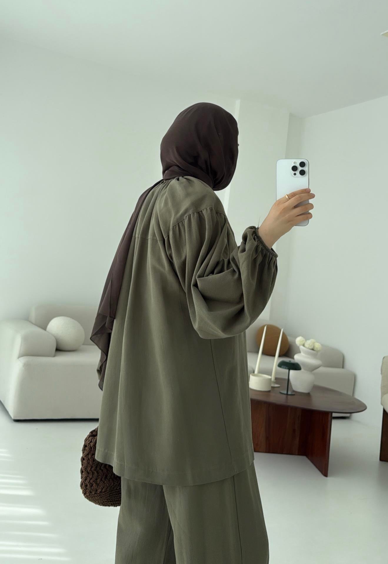 Omuz Büzgülü Kimono Takım Koyu Haki