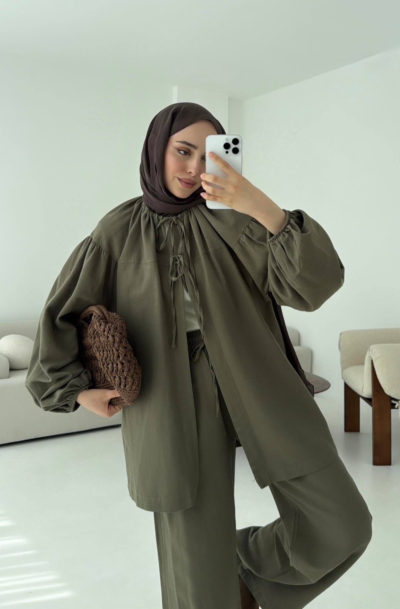 Omuz Büzgülü Kimono Takım Koyu Haki