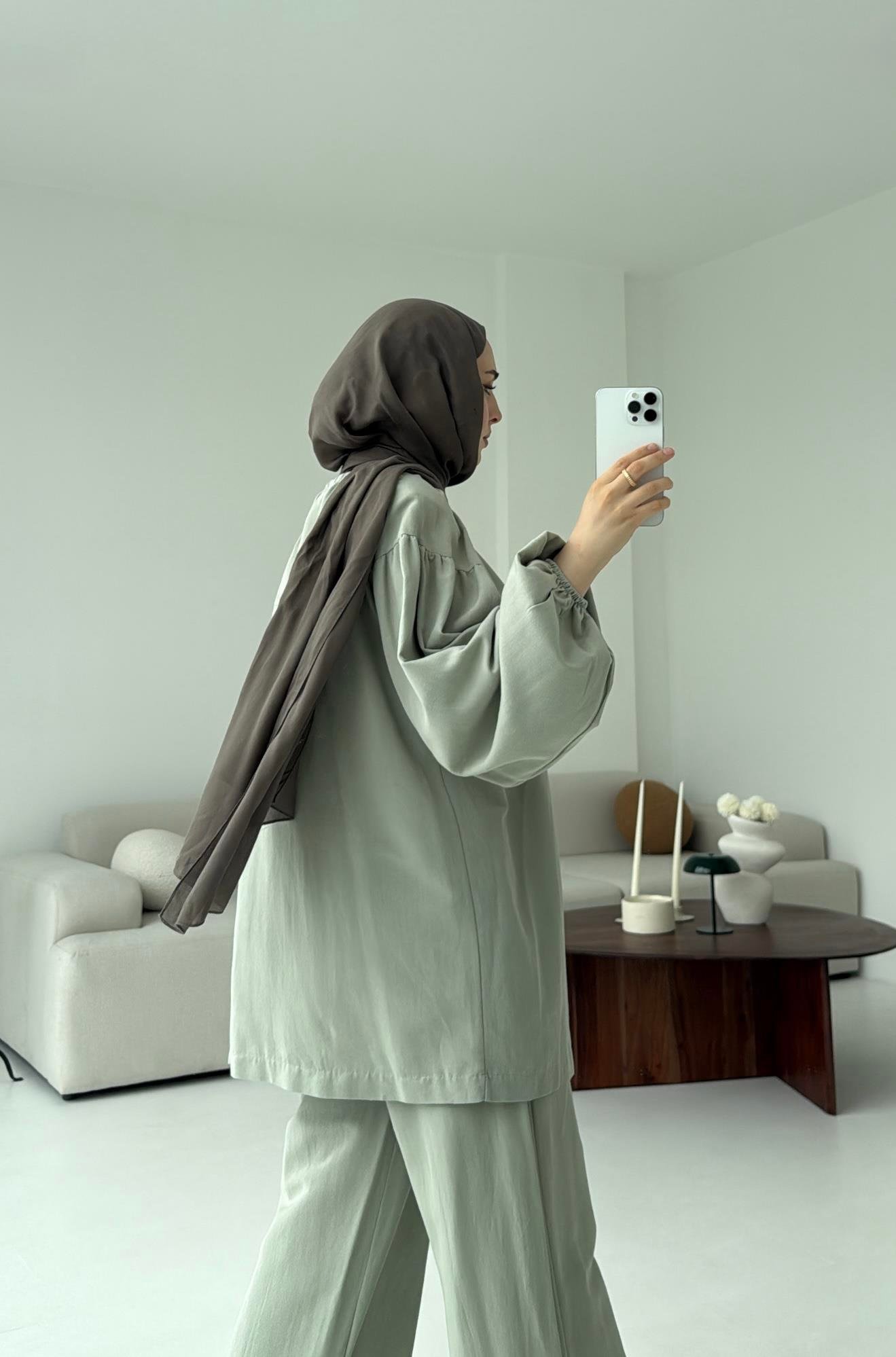 Omuz Büzgülü Kimono Takım Mint Yeşili