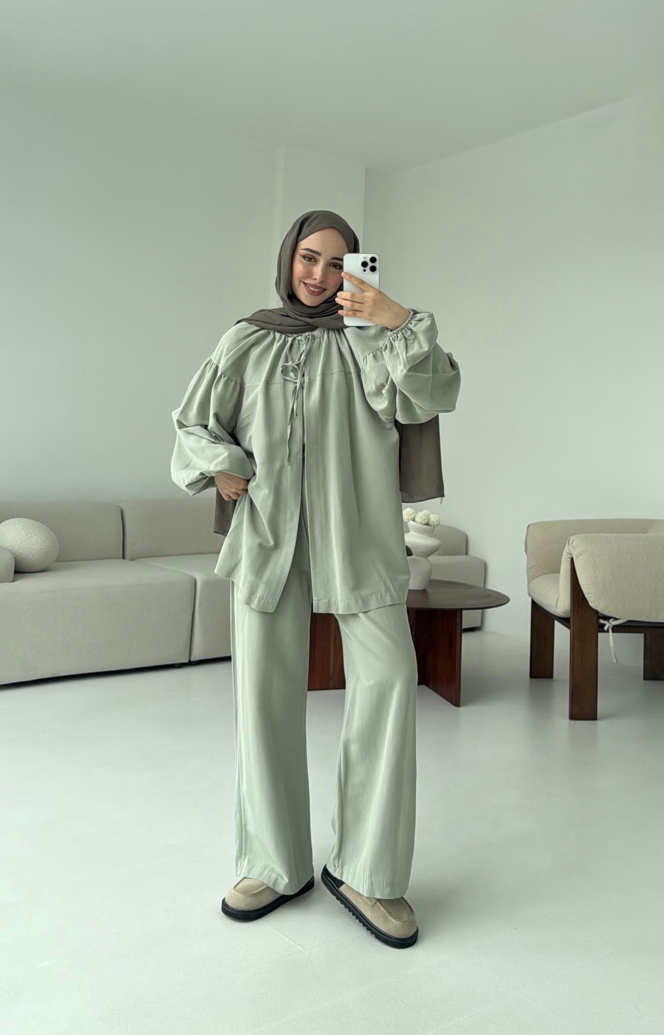 Omuz Büzgülü Kimono Takım Mint Yeşili