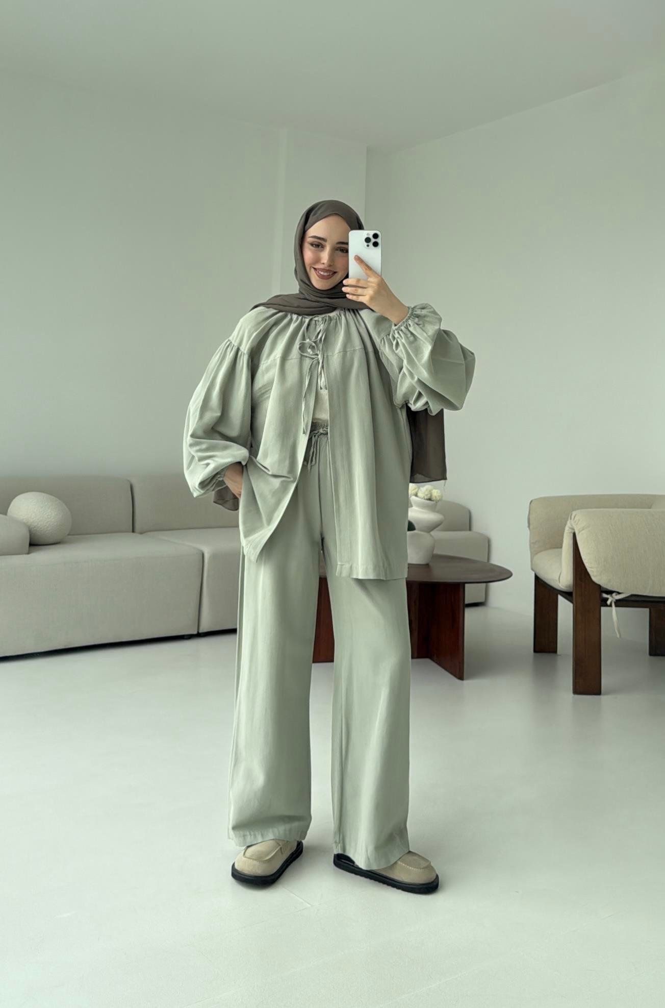 Omuz Büzgülü Kimono Takım Mint Yeşili