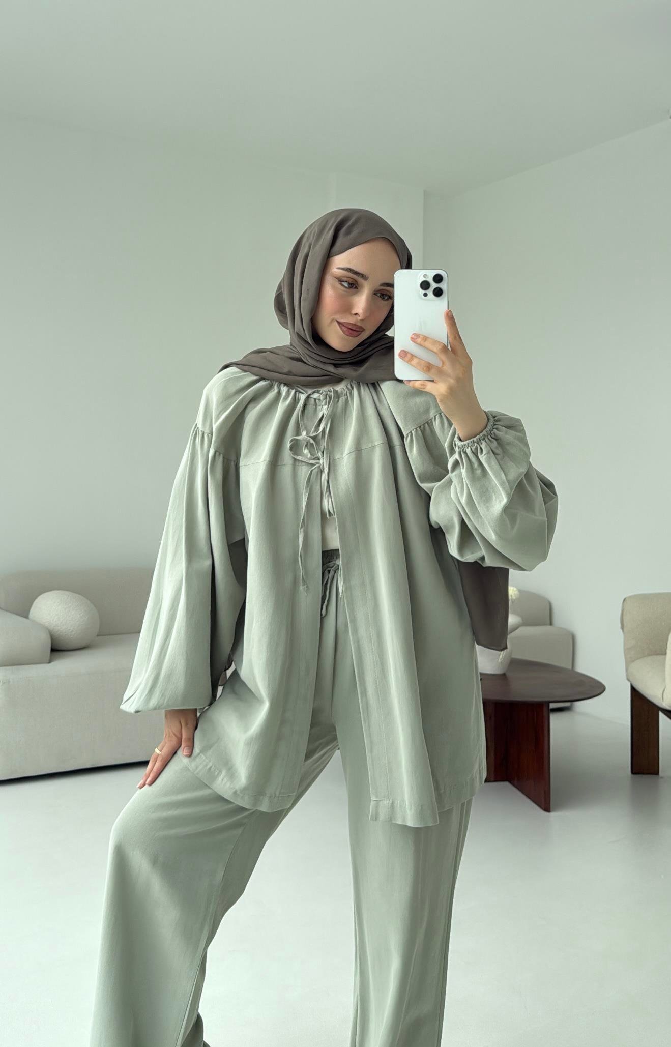 Omuz Büzgülü Kimono Takım Mint Yeşili