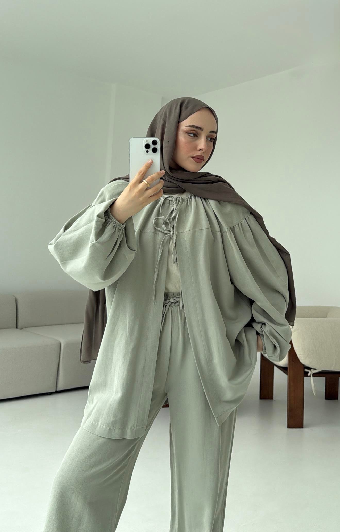 Omuz Büzgülü Kimono Takım Mint Yeşili