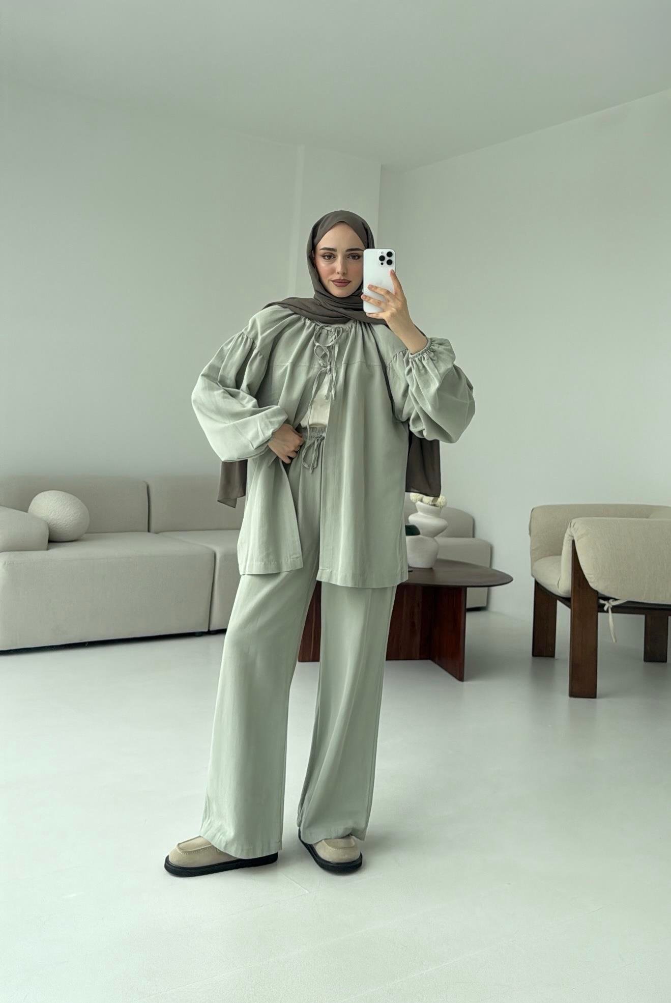 Omuz Büzgülü Kimono Takım Mint Yeşili