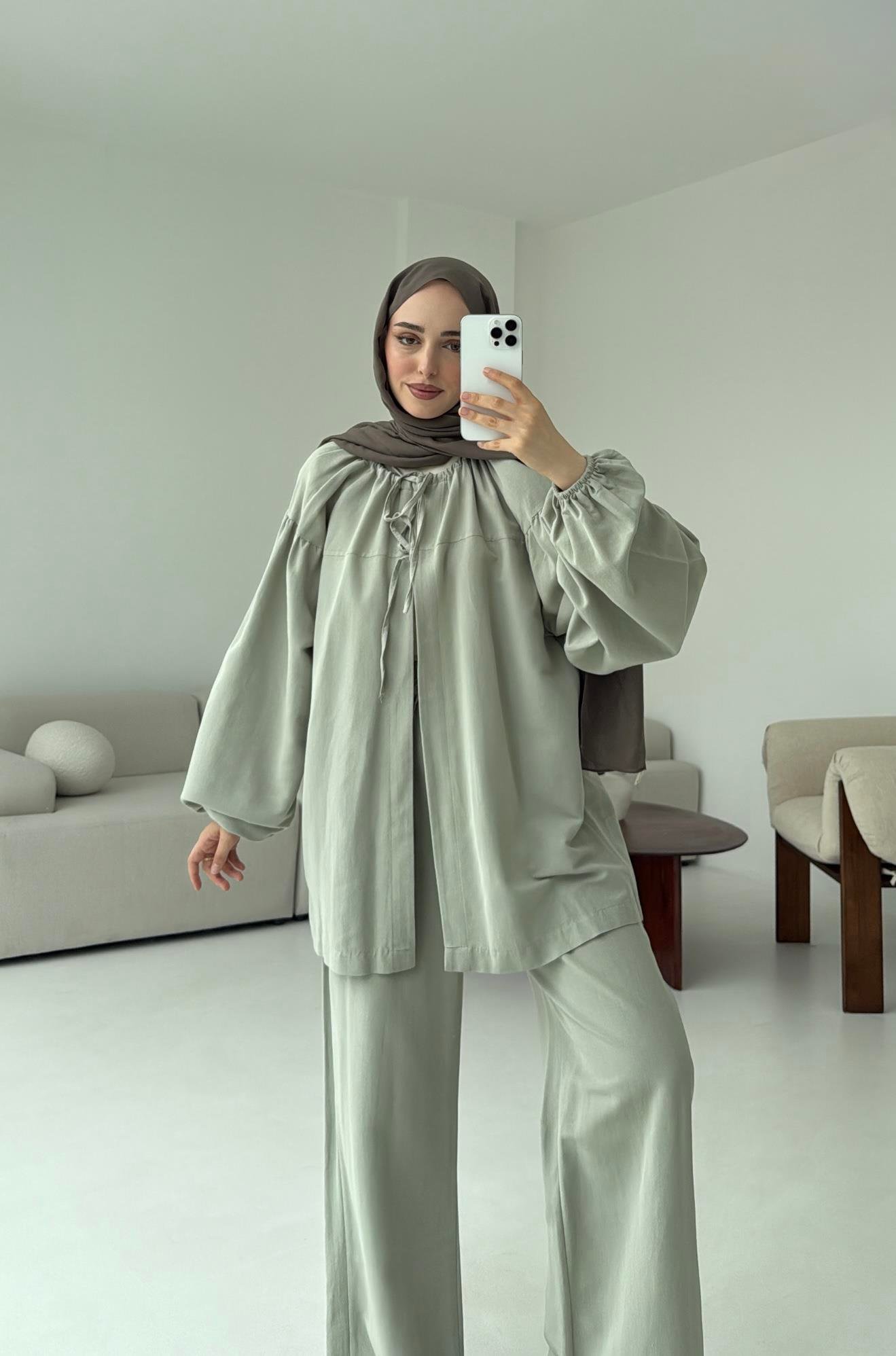 Omuz Büzgülü Kimono Takım Mint Yeşili