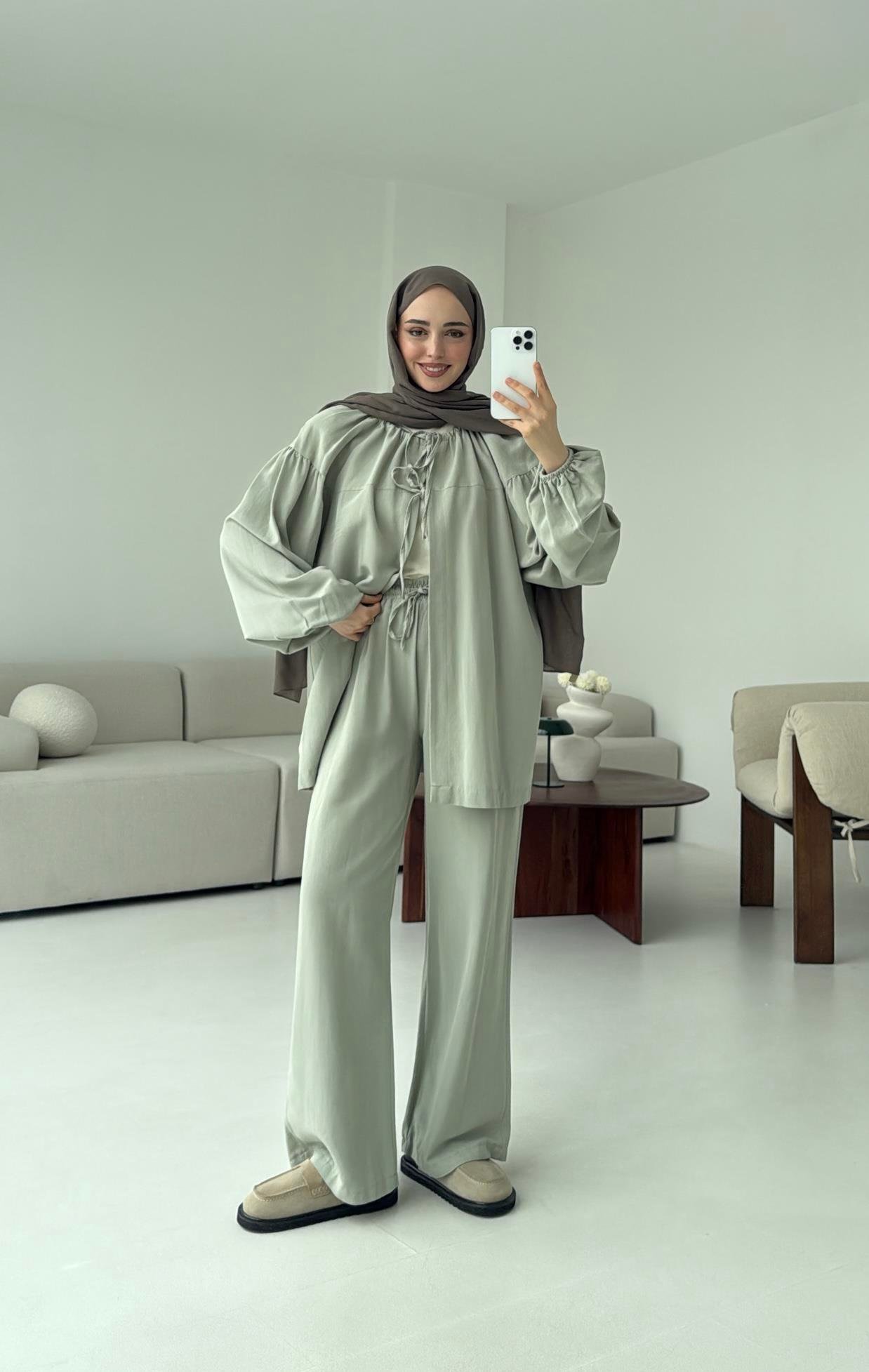 Omuz Büzgülü Kimono Takım Mint Yeşili