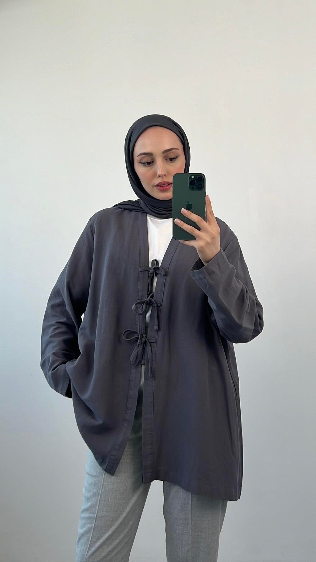 Önden Bağlamlı Keten Kimono Antrasit
