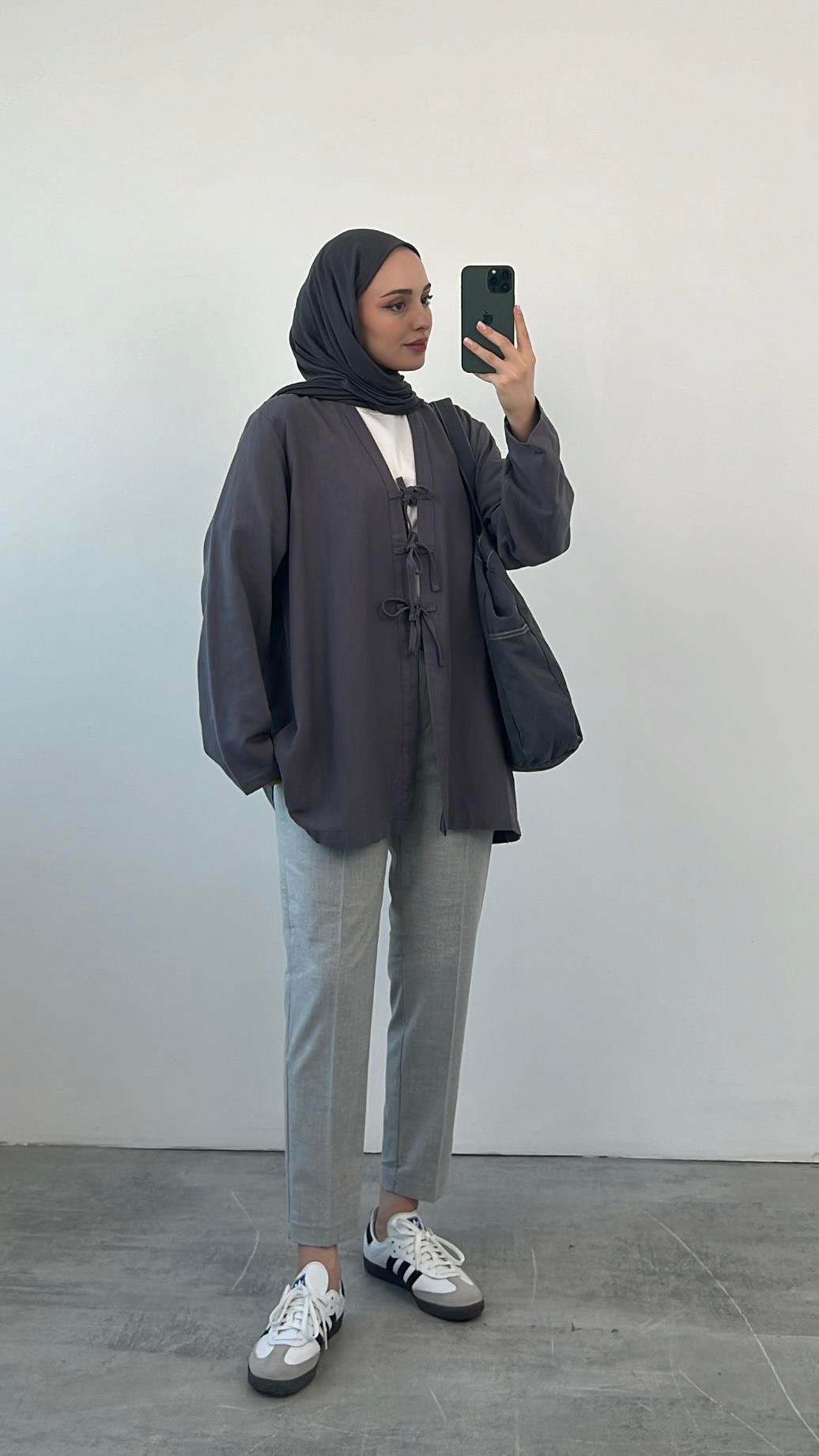 Önden Bağlamlı Keten Kimono Antrasit