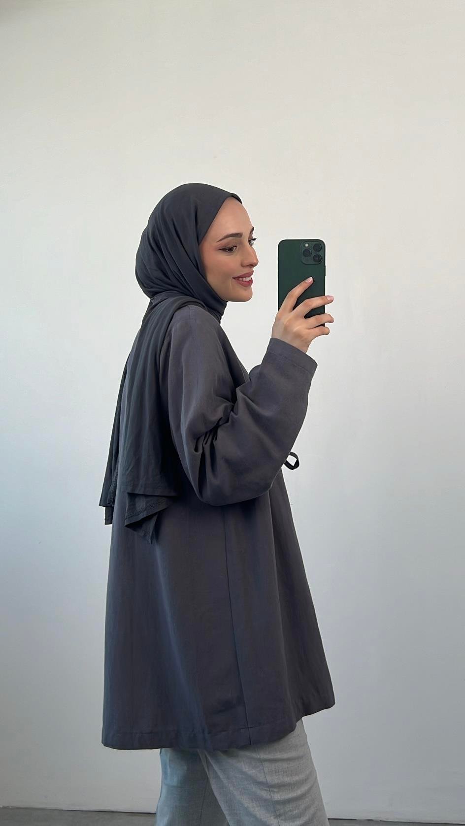 Önden Bağlamlı Keten Kimono Antrasit