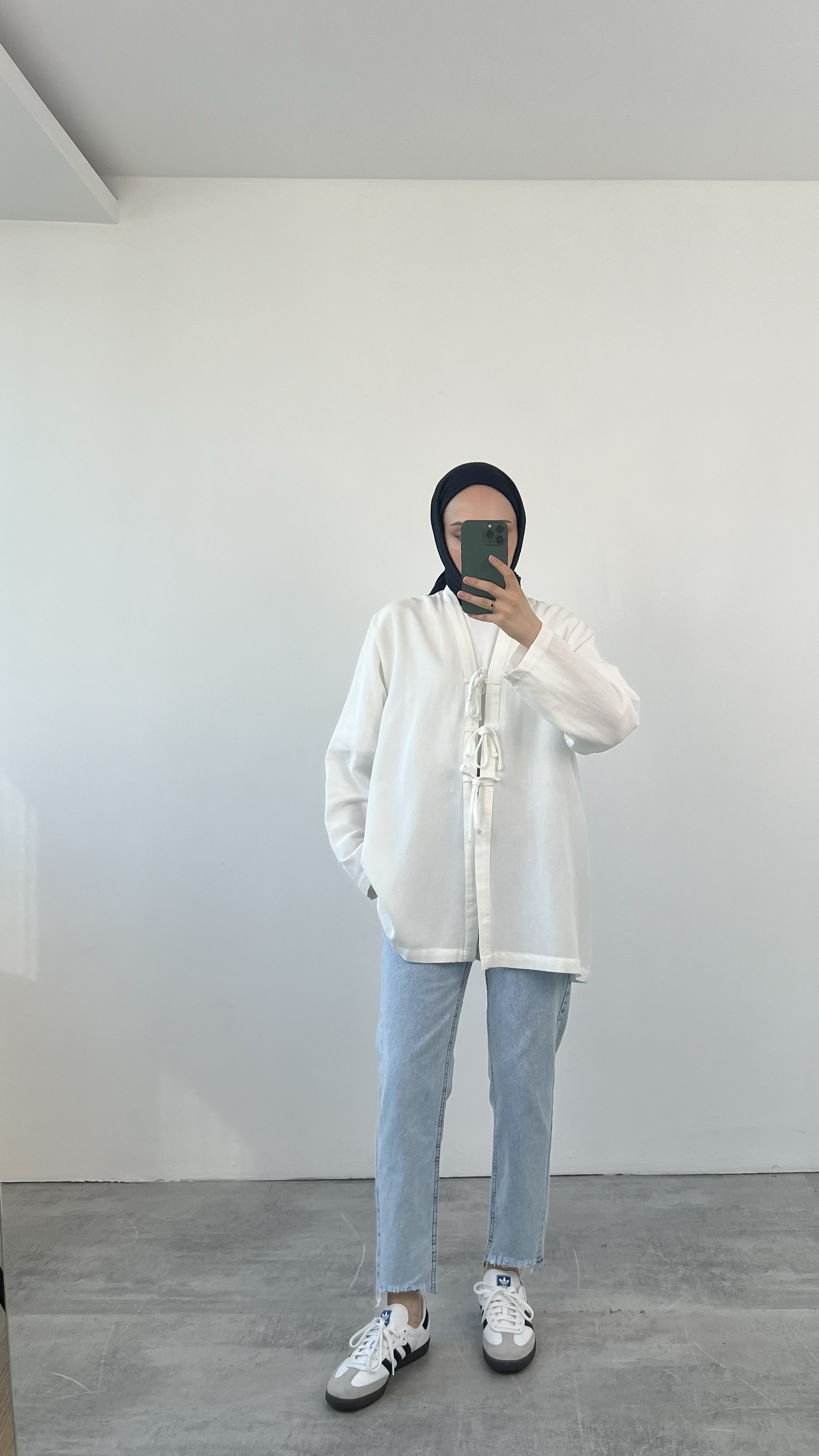 Önden Bağlamlı Keten Kimono Beyaz