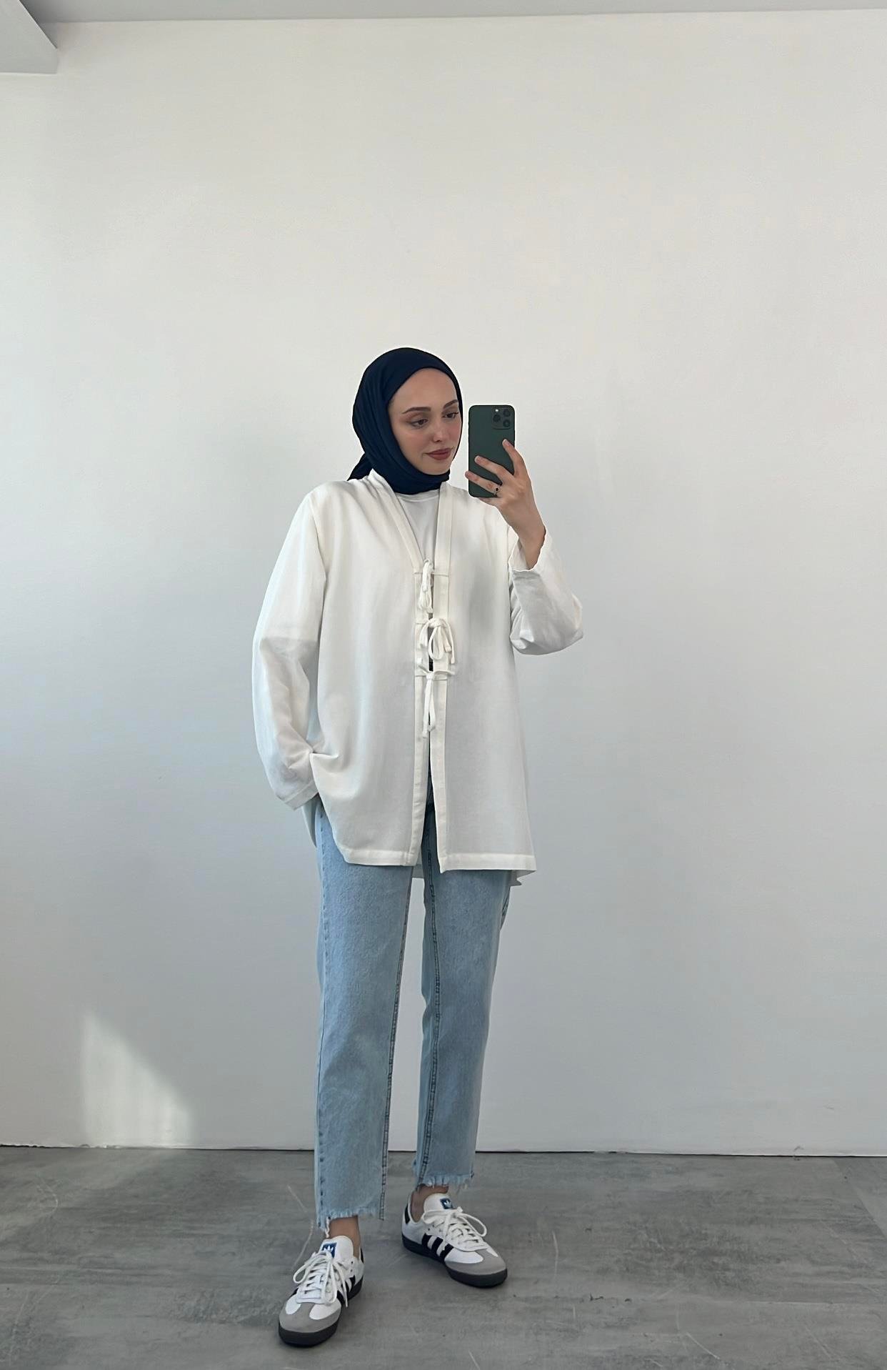 Önden Bağlamlı Keten Kimono Beyaz
