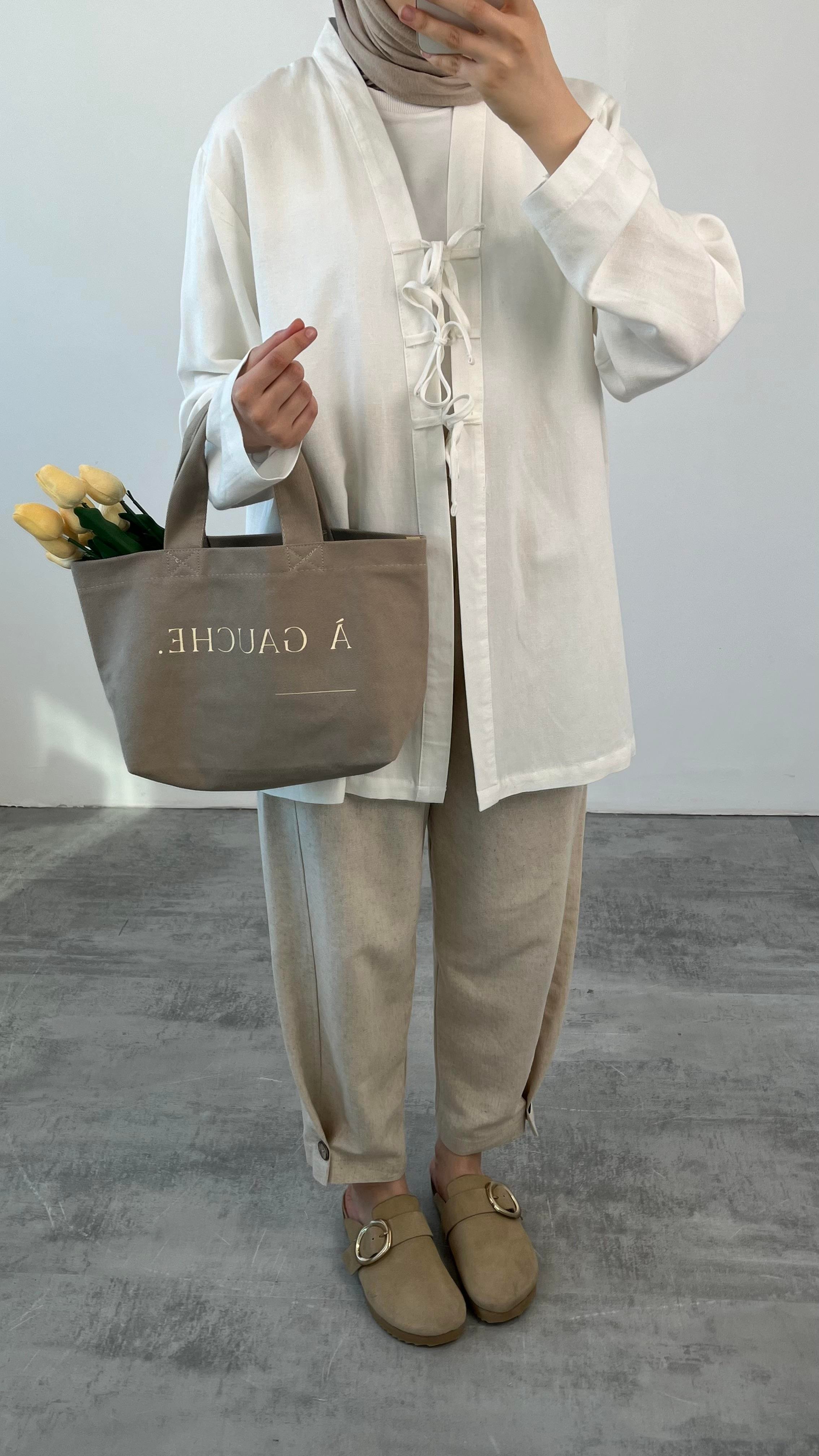 Önden Bağlamlı Keten Kimono Beyaz