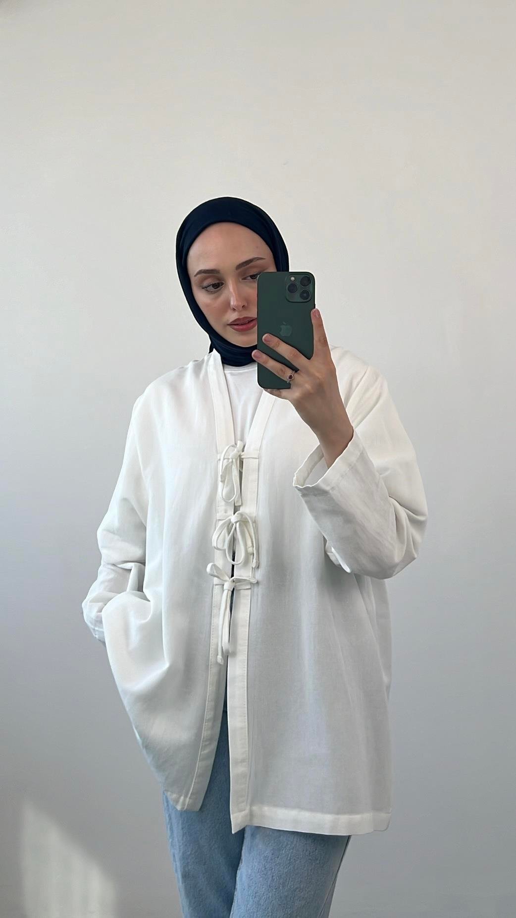 Önden Bağlamlı Keten Kimono Beyaz