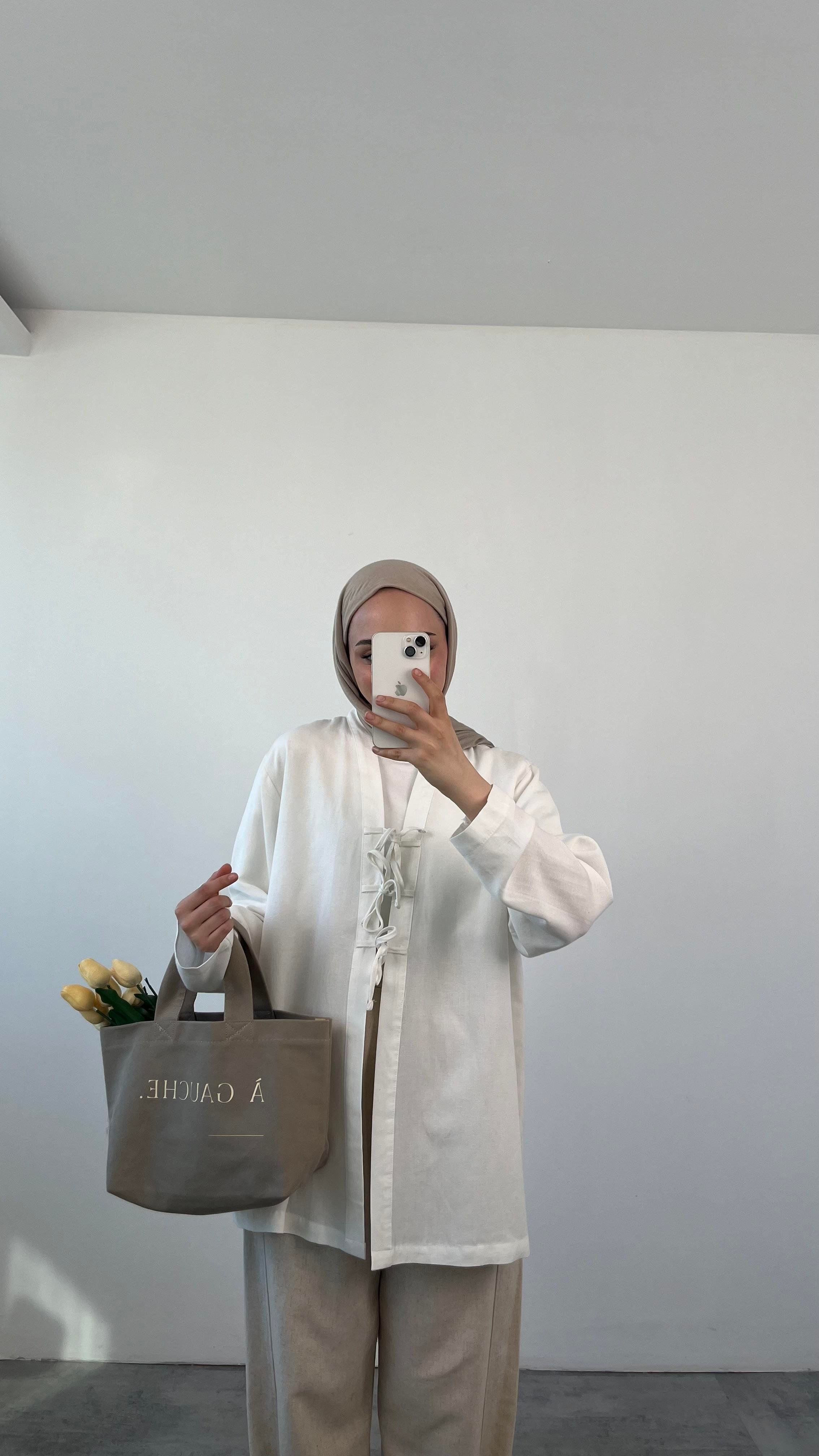 Önden Bağlamlı Keten Kimono Beyaz