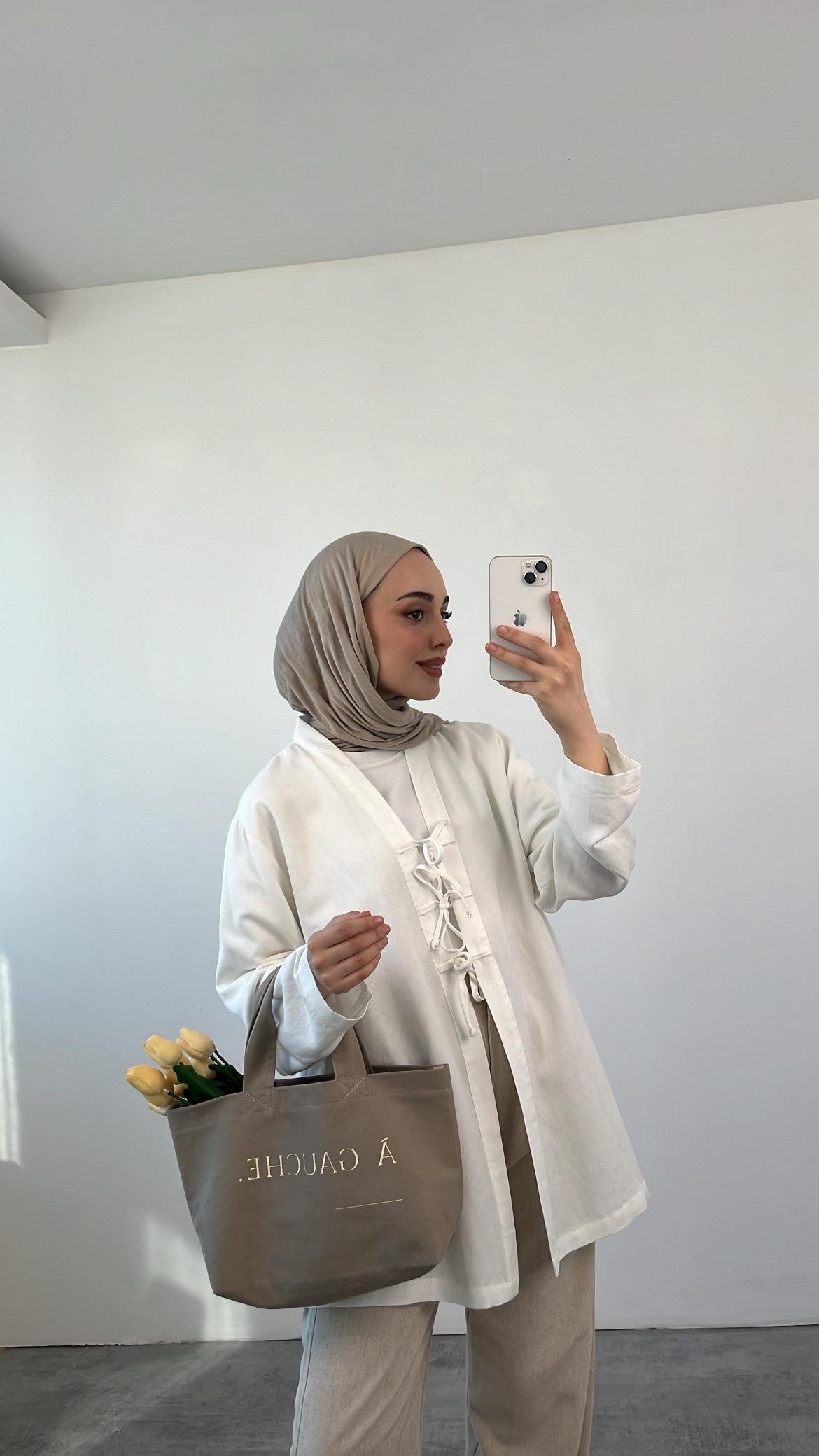 Önden Bağlamlı Keten Kimono Beyaz