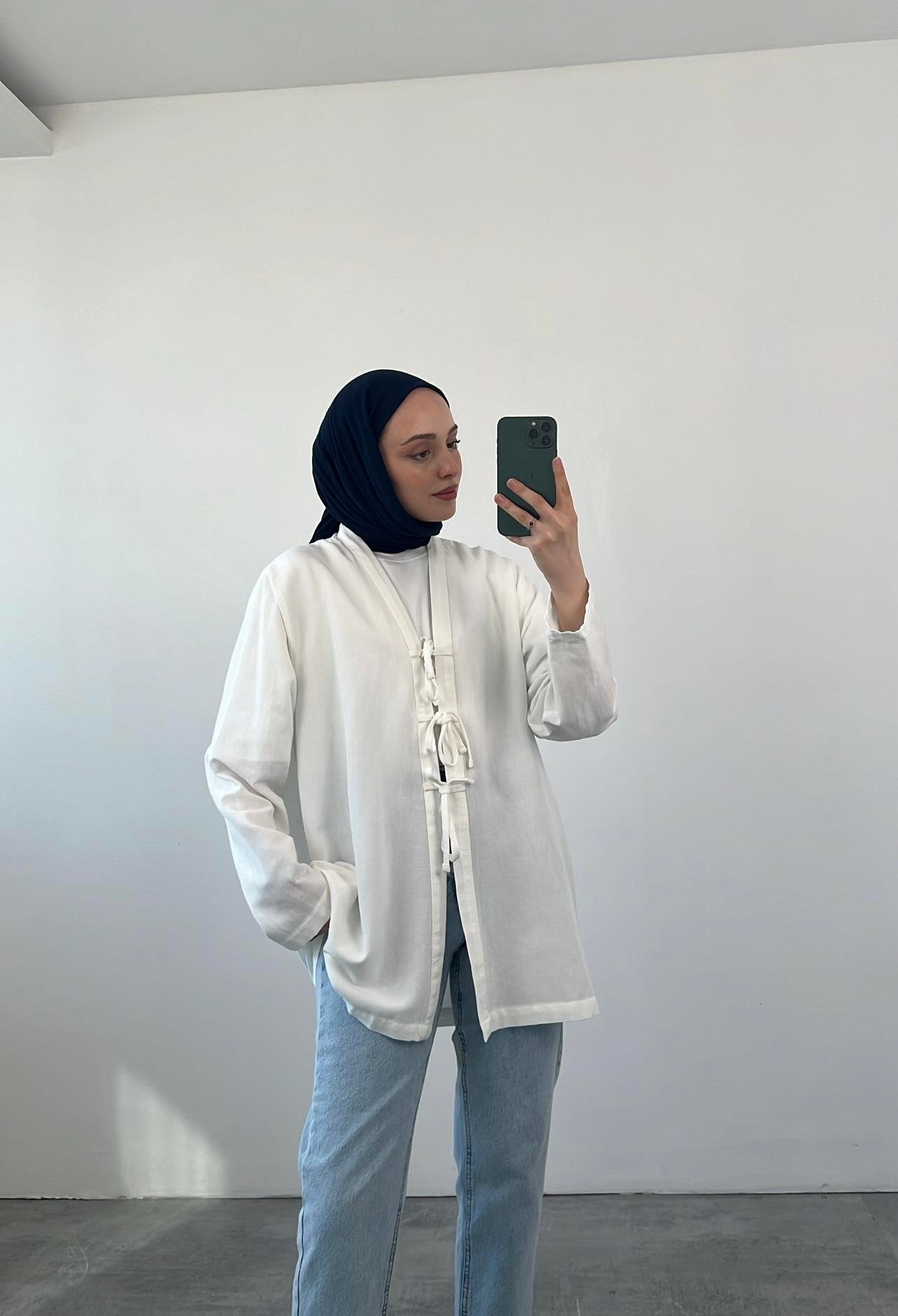 Önden Bağlamlı Keten Kimono Beyaz