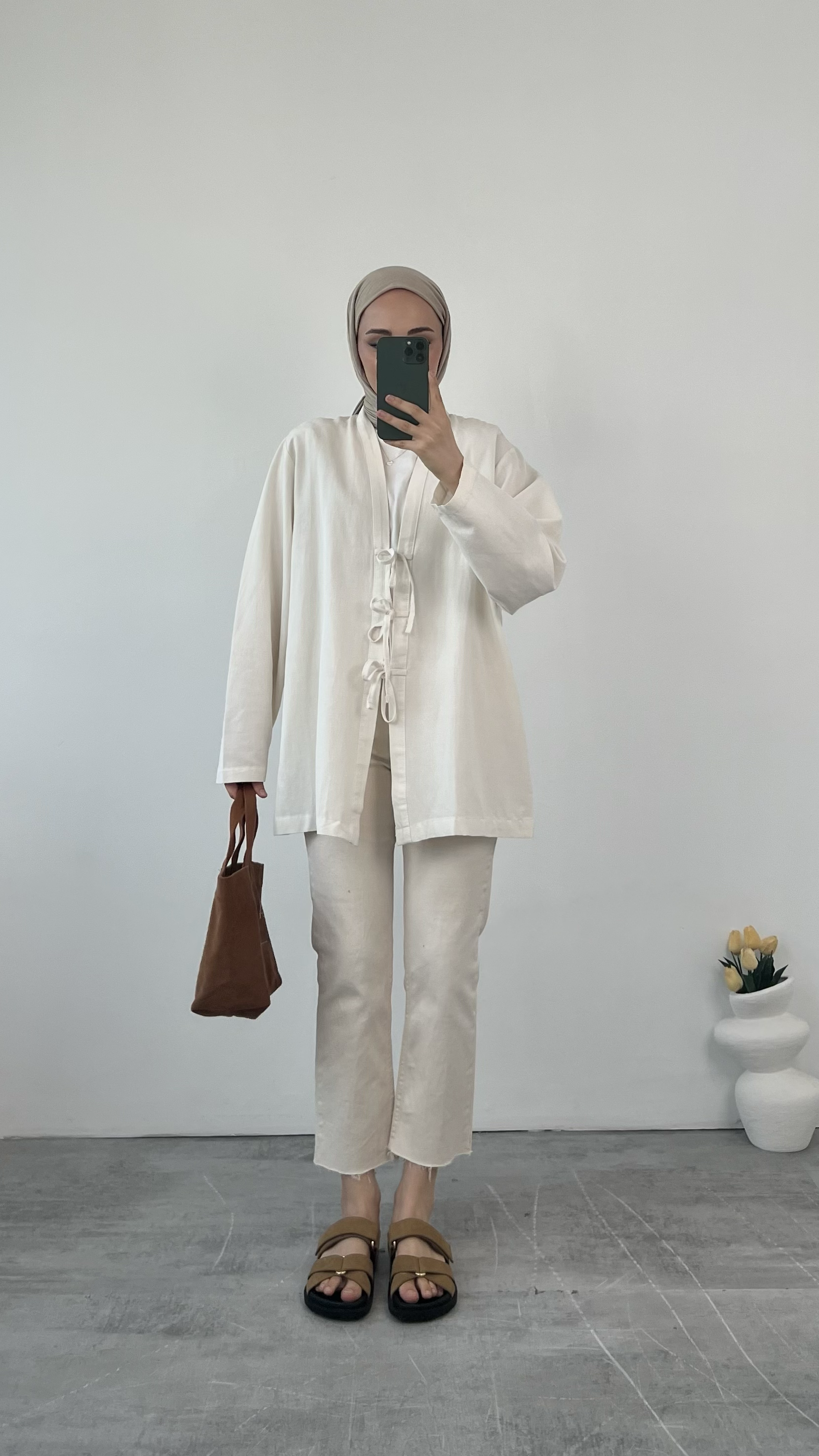 Önden Bağlamlı Keten Kimono Ekru