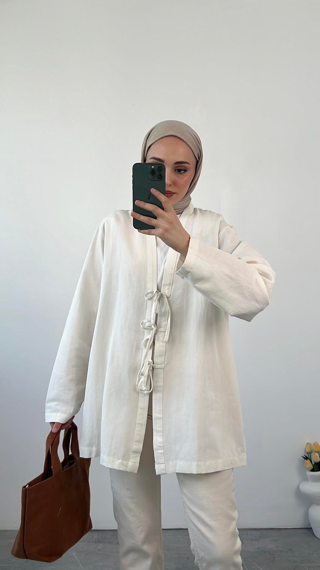 Önden Bağlamlı Keten Kimono Ekru