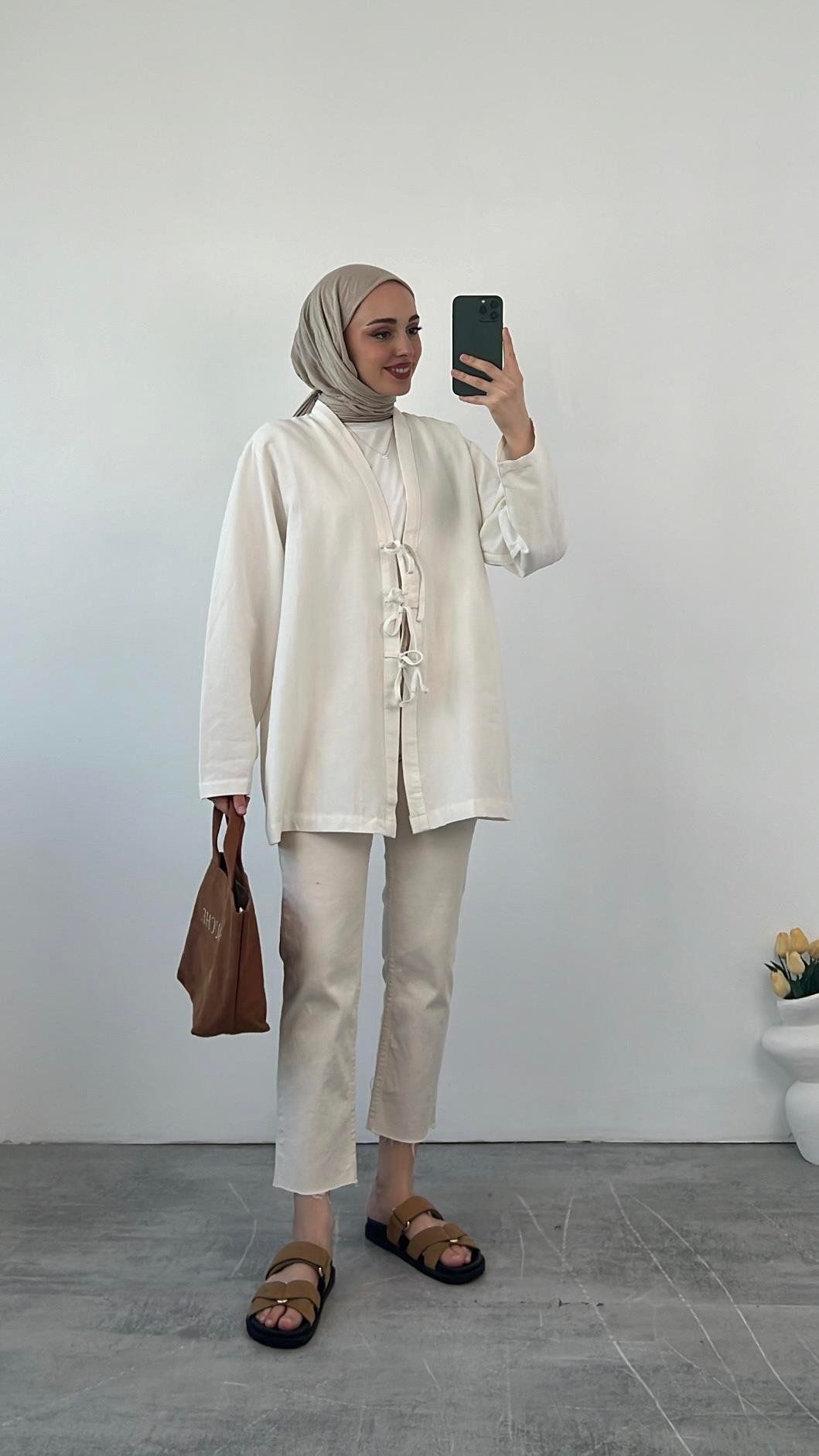 Önden Bağlamlı Keten Kimono Ekru