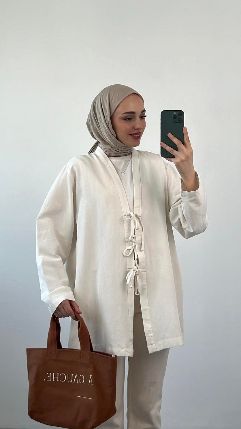 Önden Bağlamlı Keten Kimono Ekru