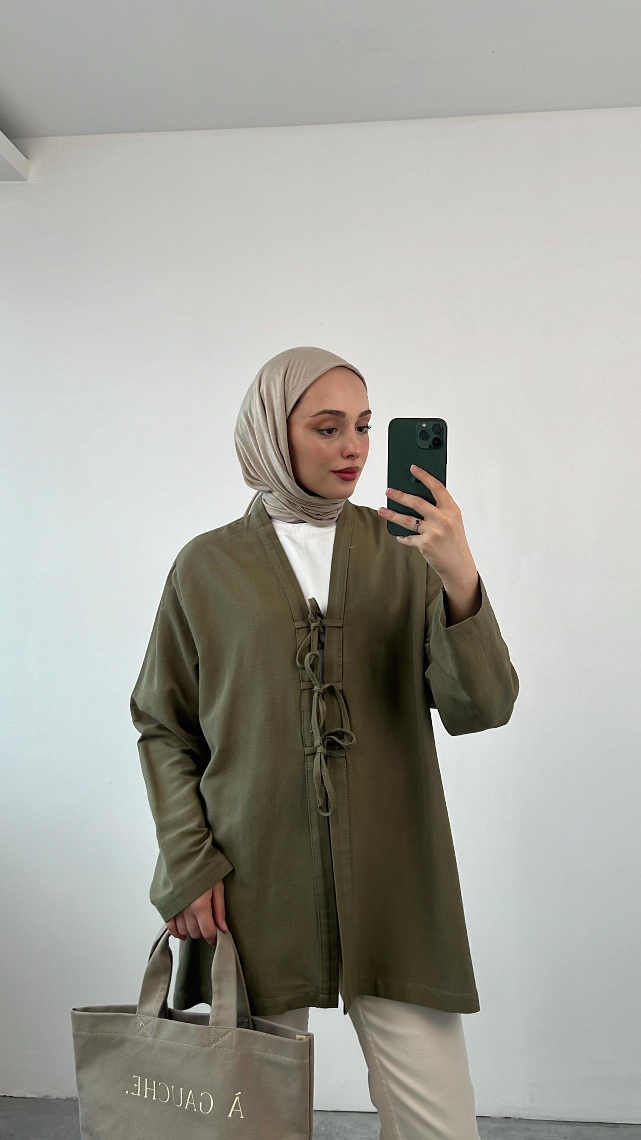 Önden Bağlamlı Keten Kimono Haki