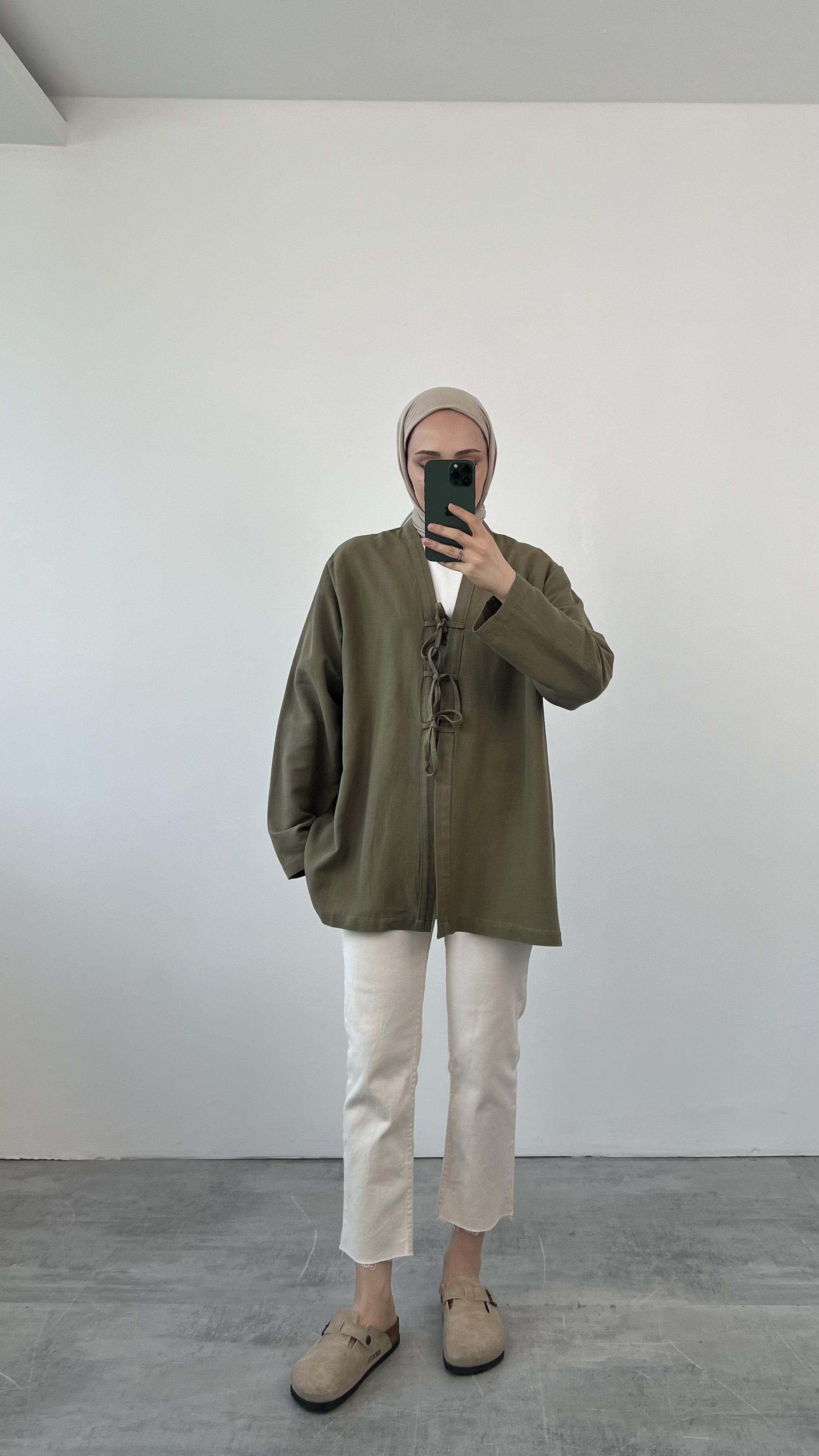 Önden Bağlamlı Keten Kimono Haki