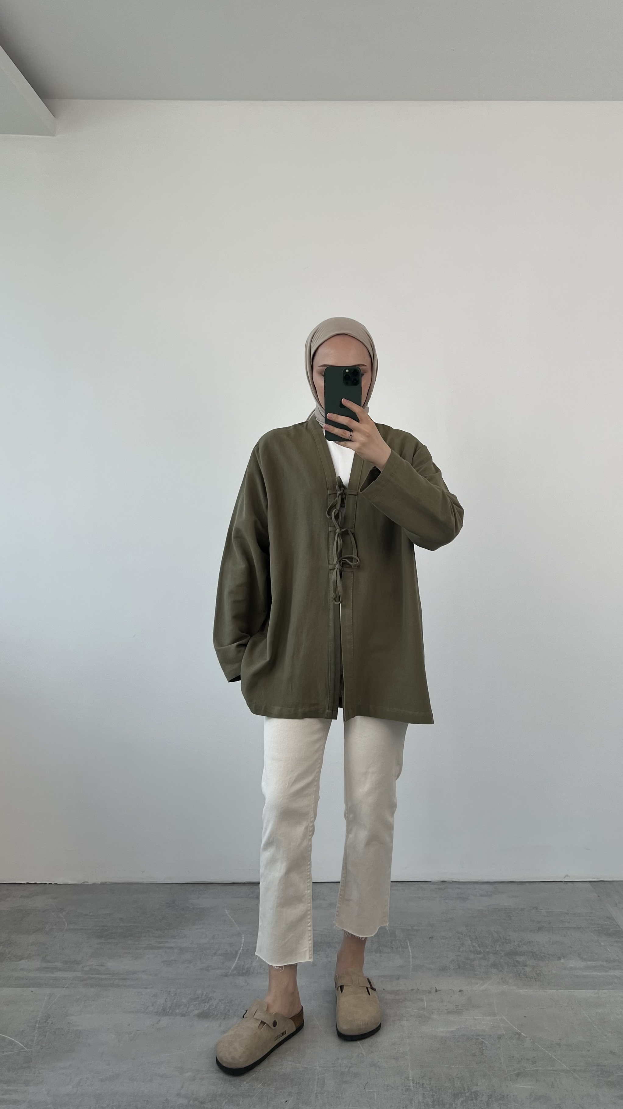 Önden Bağlamlı Keten Kimono Haki