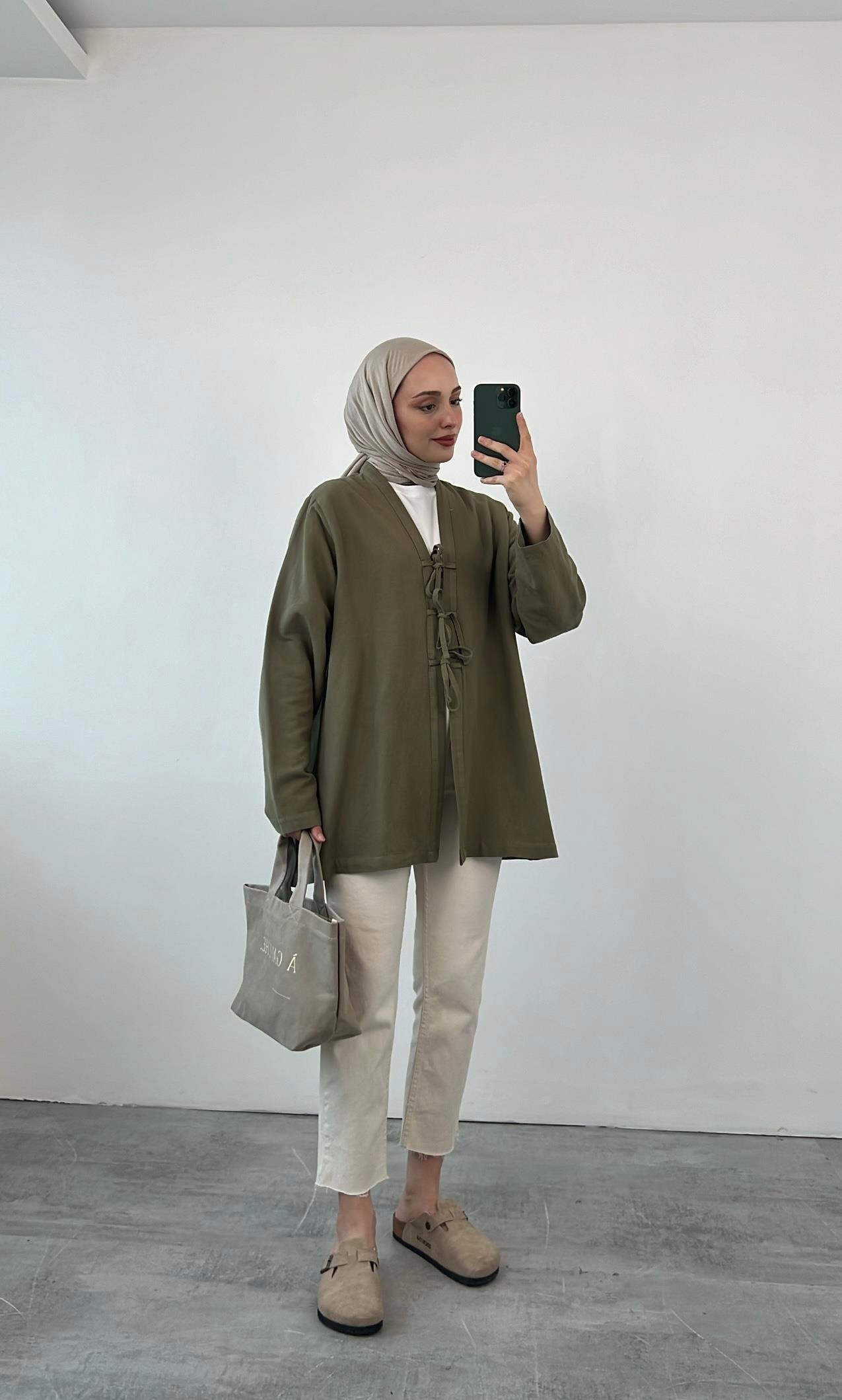 Önden Bağlamlı Keten Kimono Haki