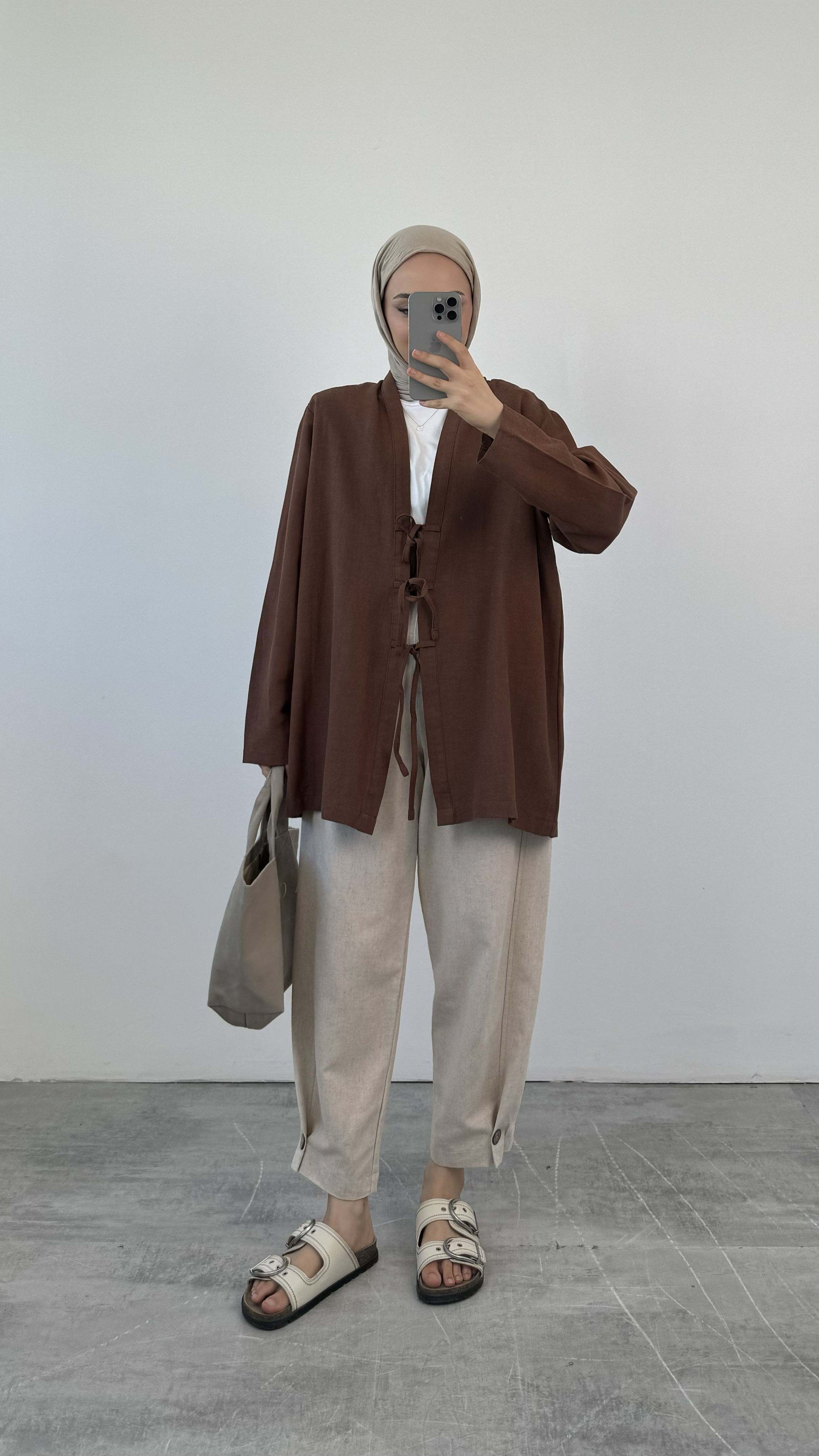 Önden Bağlamlı Keten Kimono Kahve