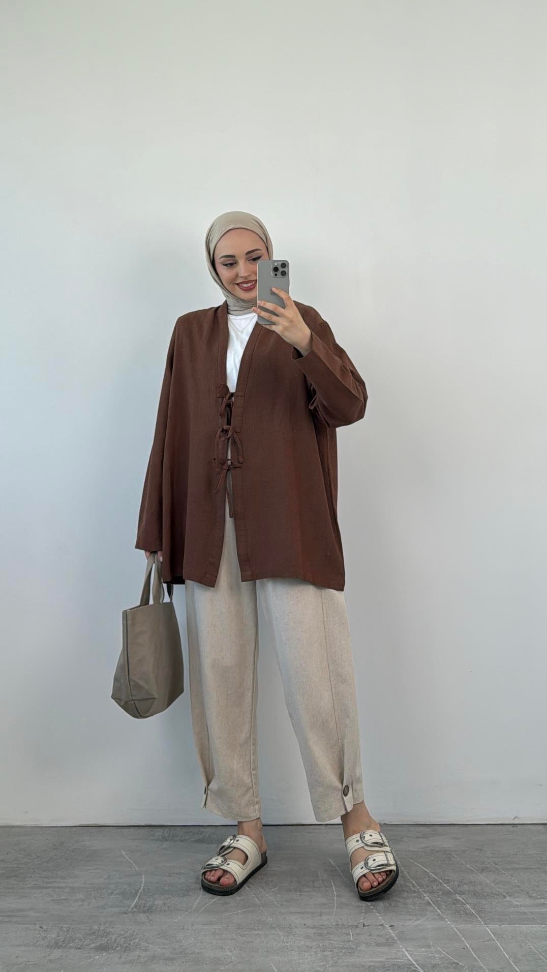 Önden Bağlamlı Keten Kimono Kahve