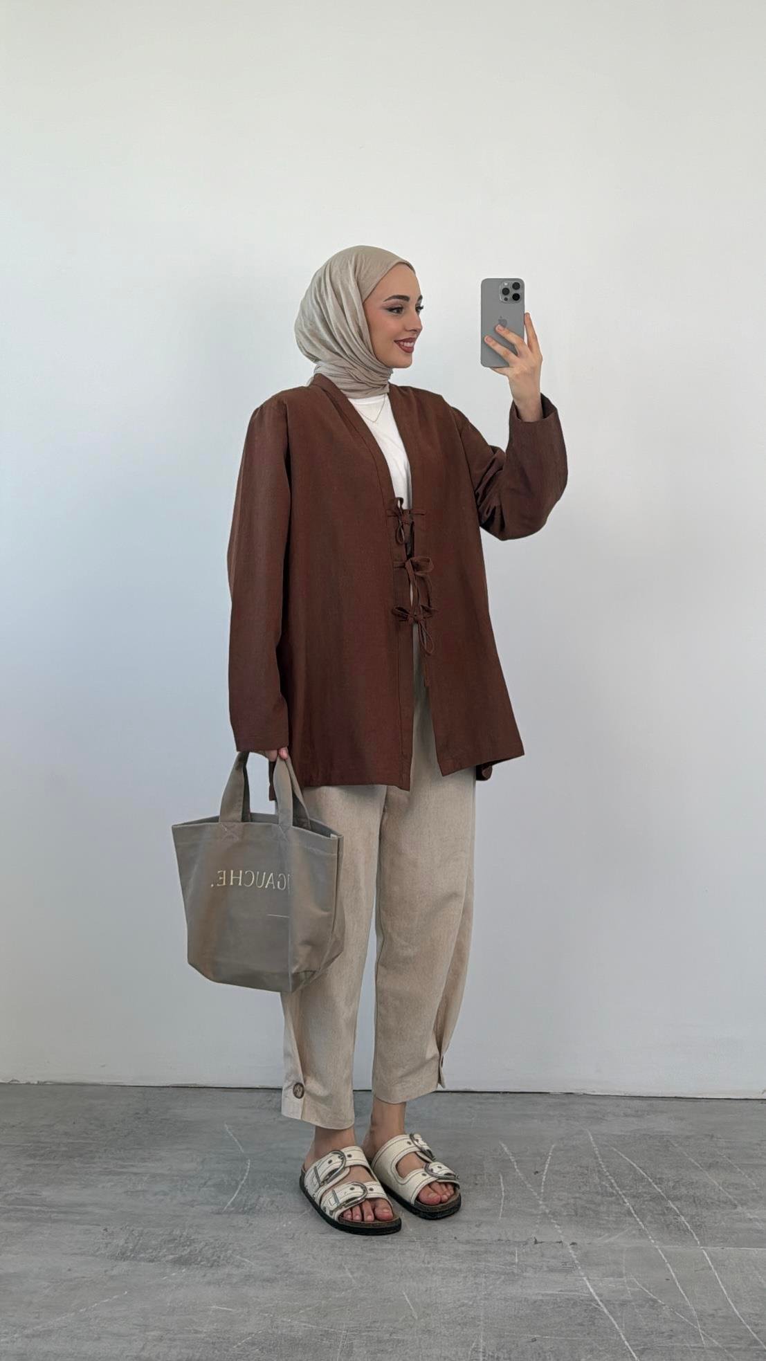 Önden Bağlamlı Keten Kimono Kahve
