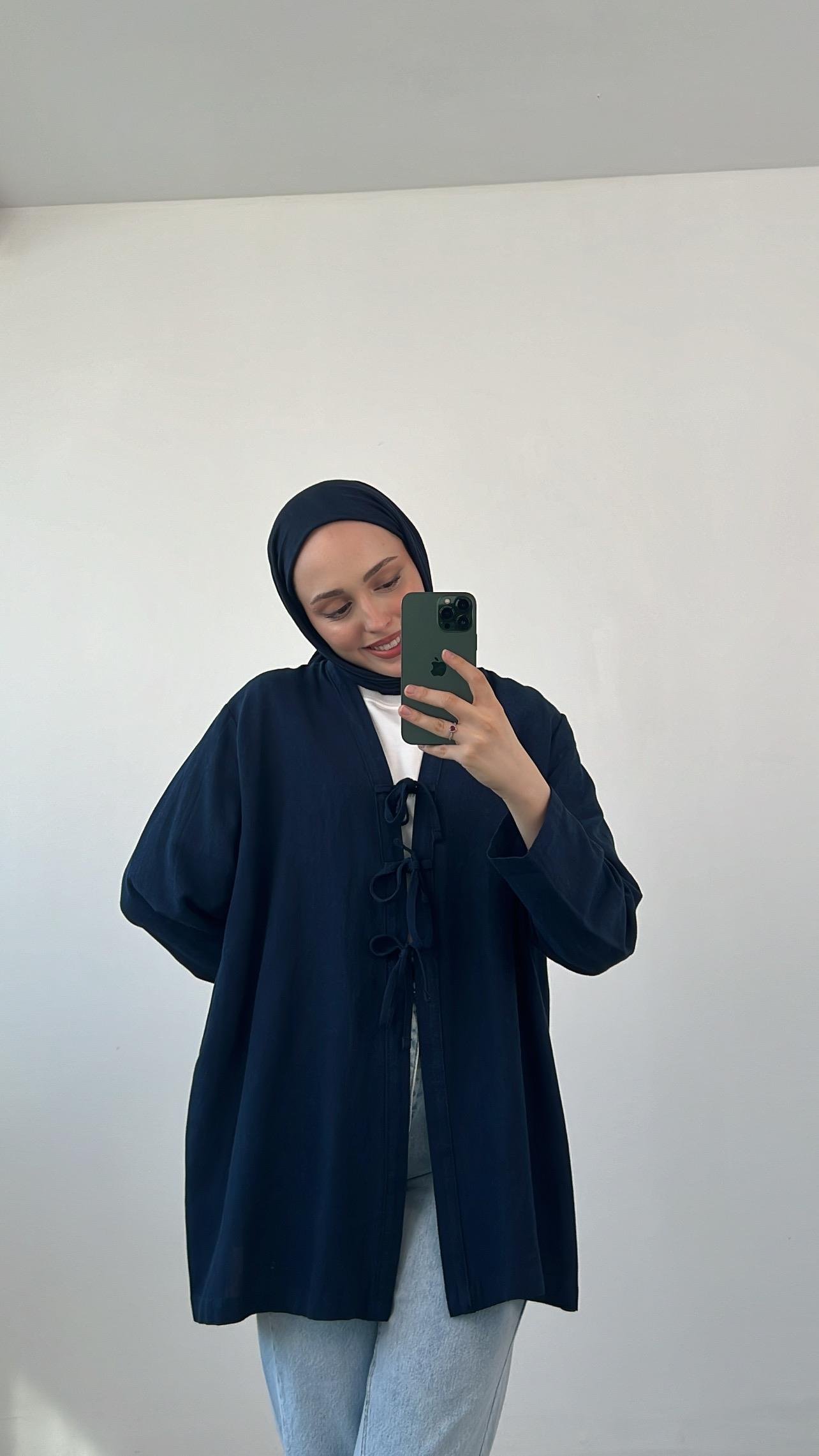 Önden Bağlamlı Keten Kimono Lacivert