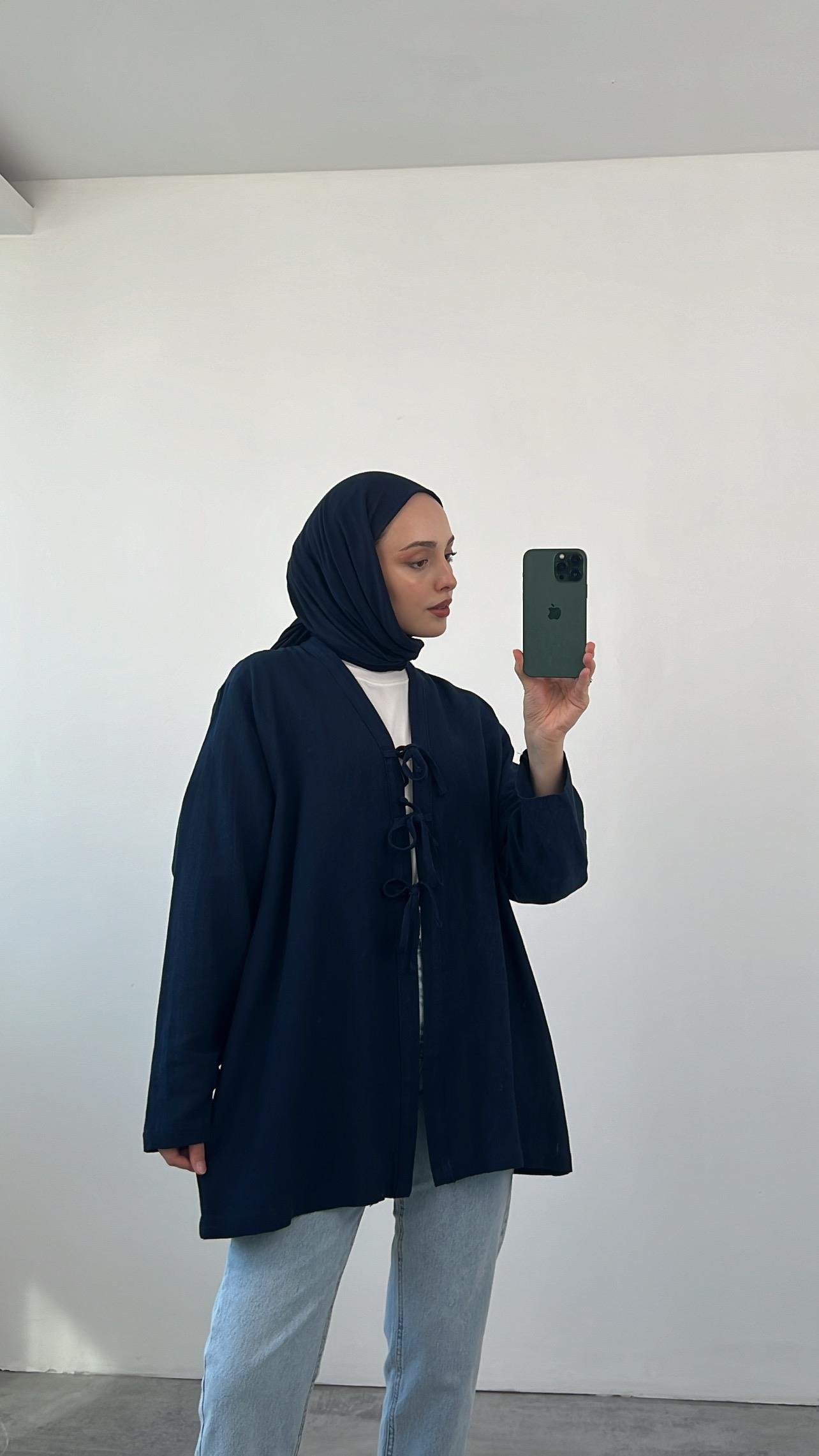 Önden Bağlamlı Keten Kimono Lacivert