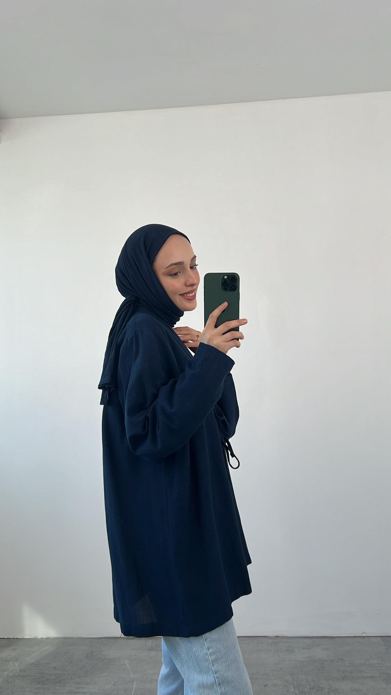 Önden Bağlamlı Keten Kimono Lacivert