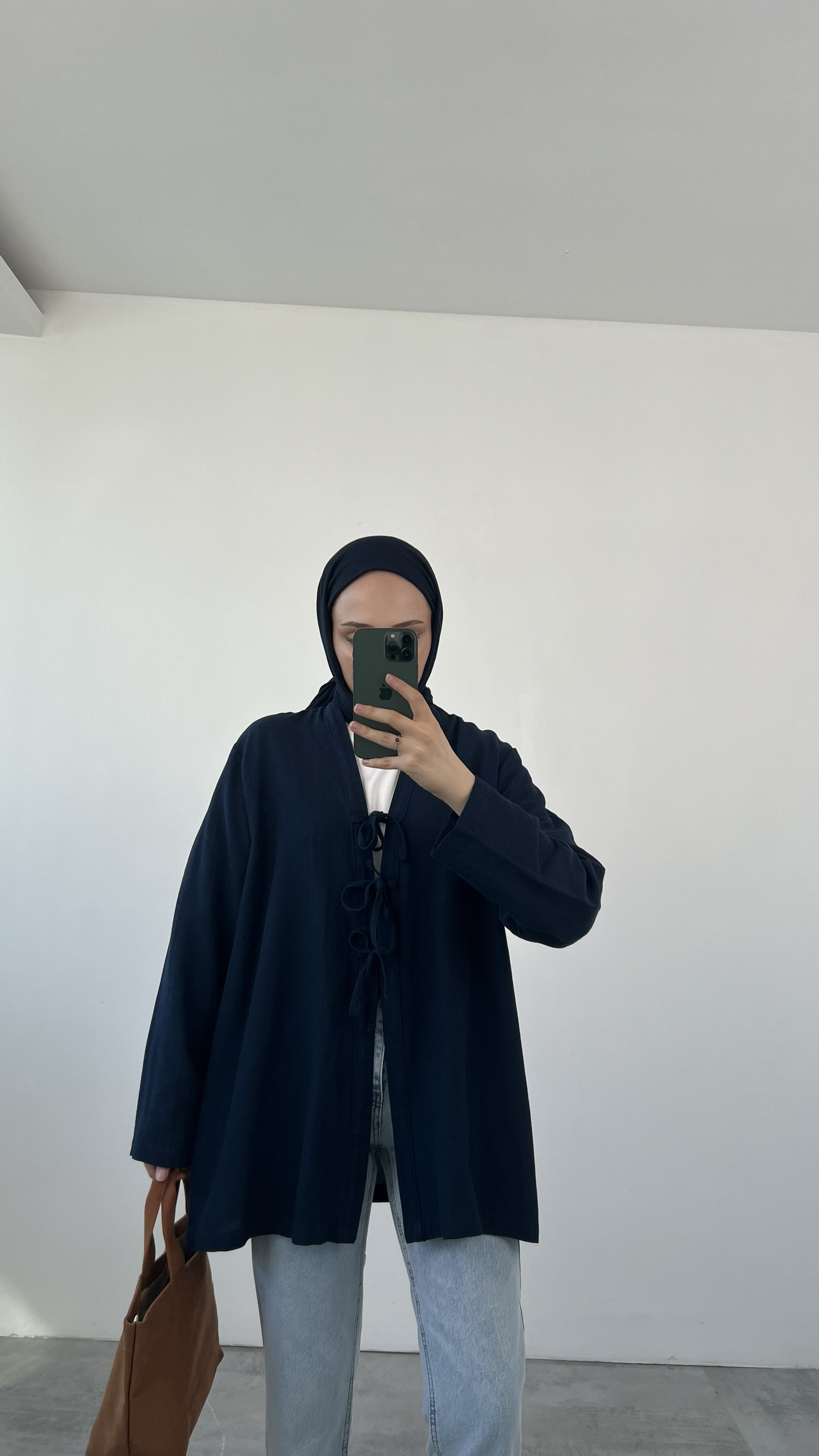 Önden Bağlamlı Keten Kimono Lacivert