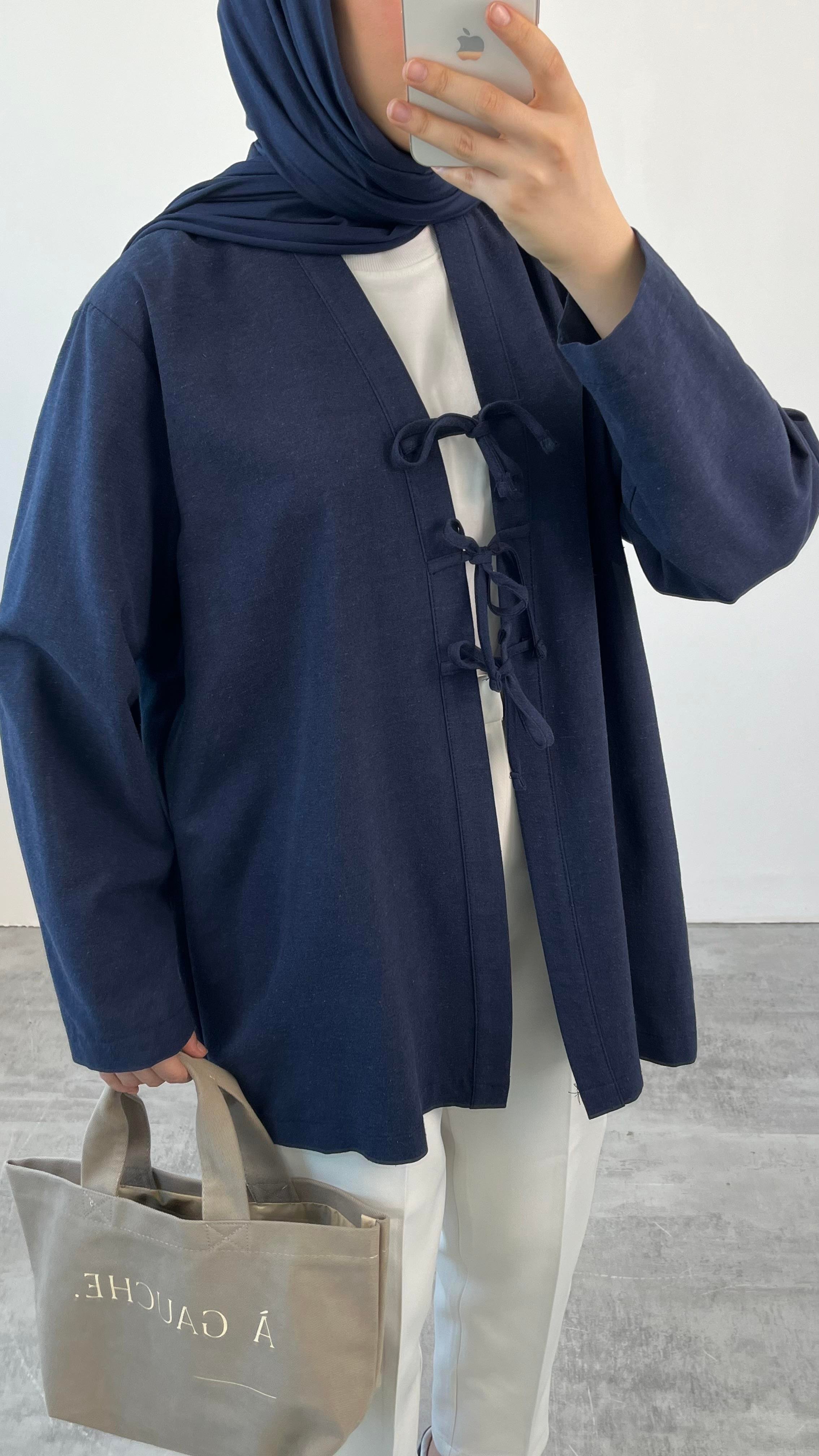 Önden Bağlamlı Keten Kimono Lacivert