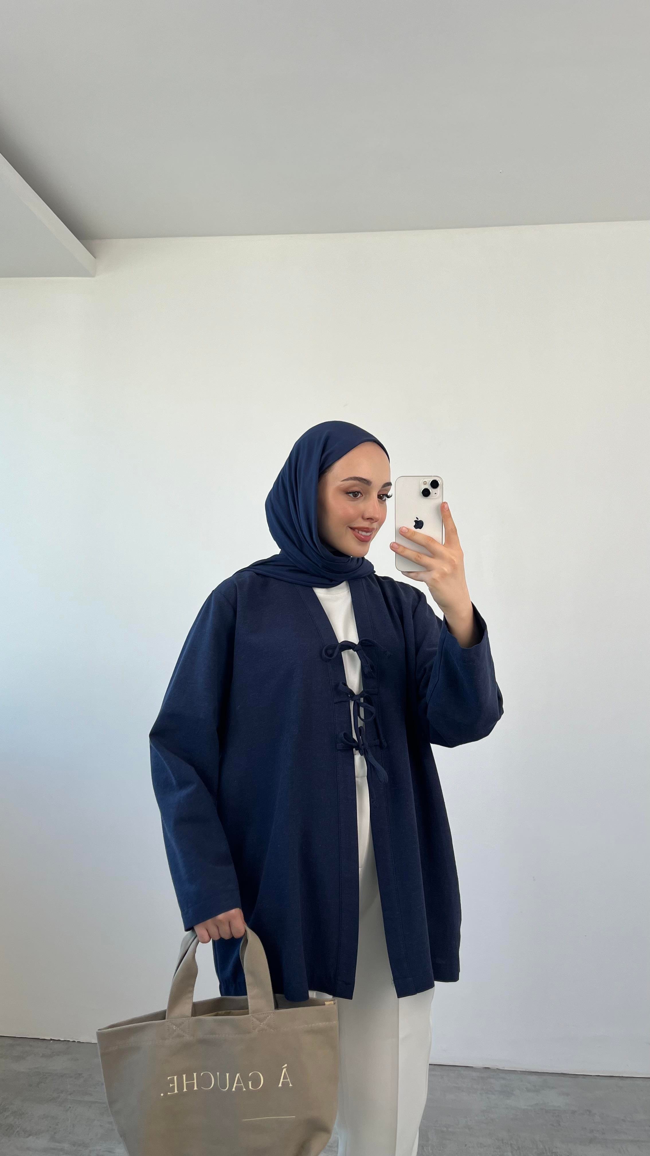 Önden Bağlamlı Keten Kimono Lacivert