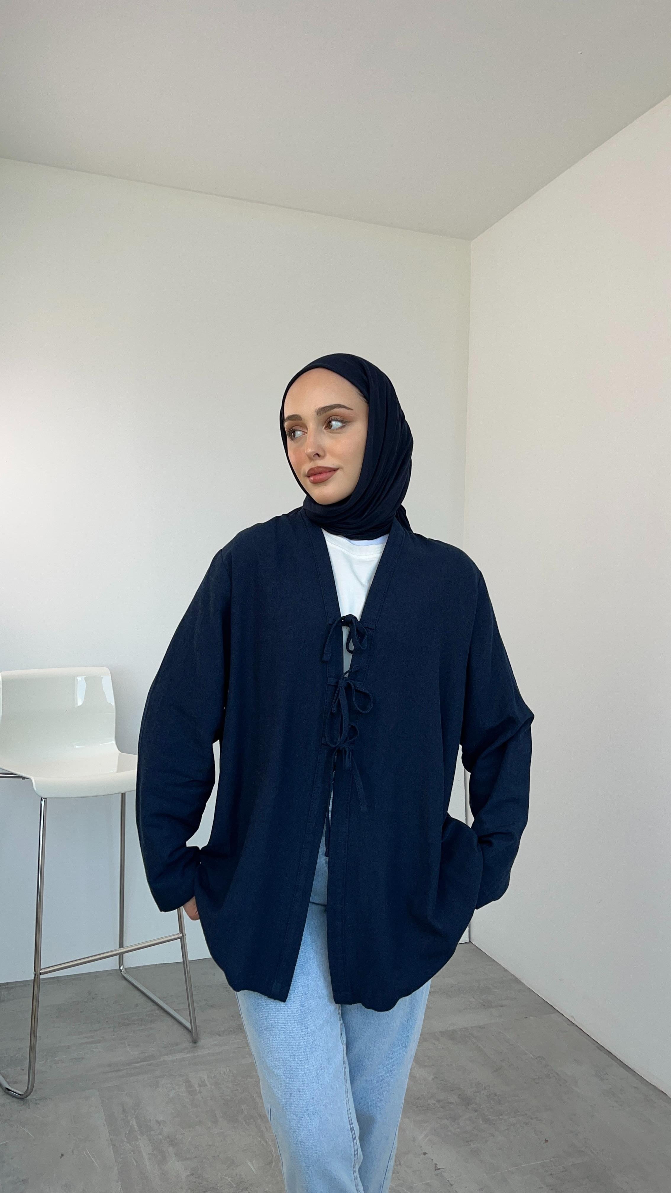 Önden Bağlamlı Keten Kimono Lacivert