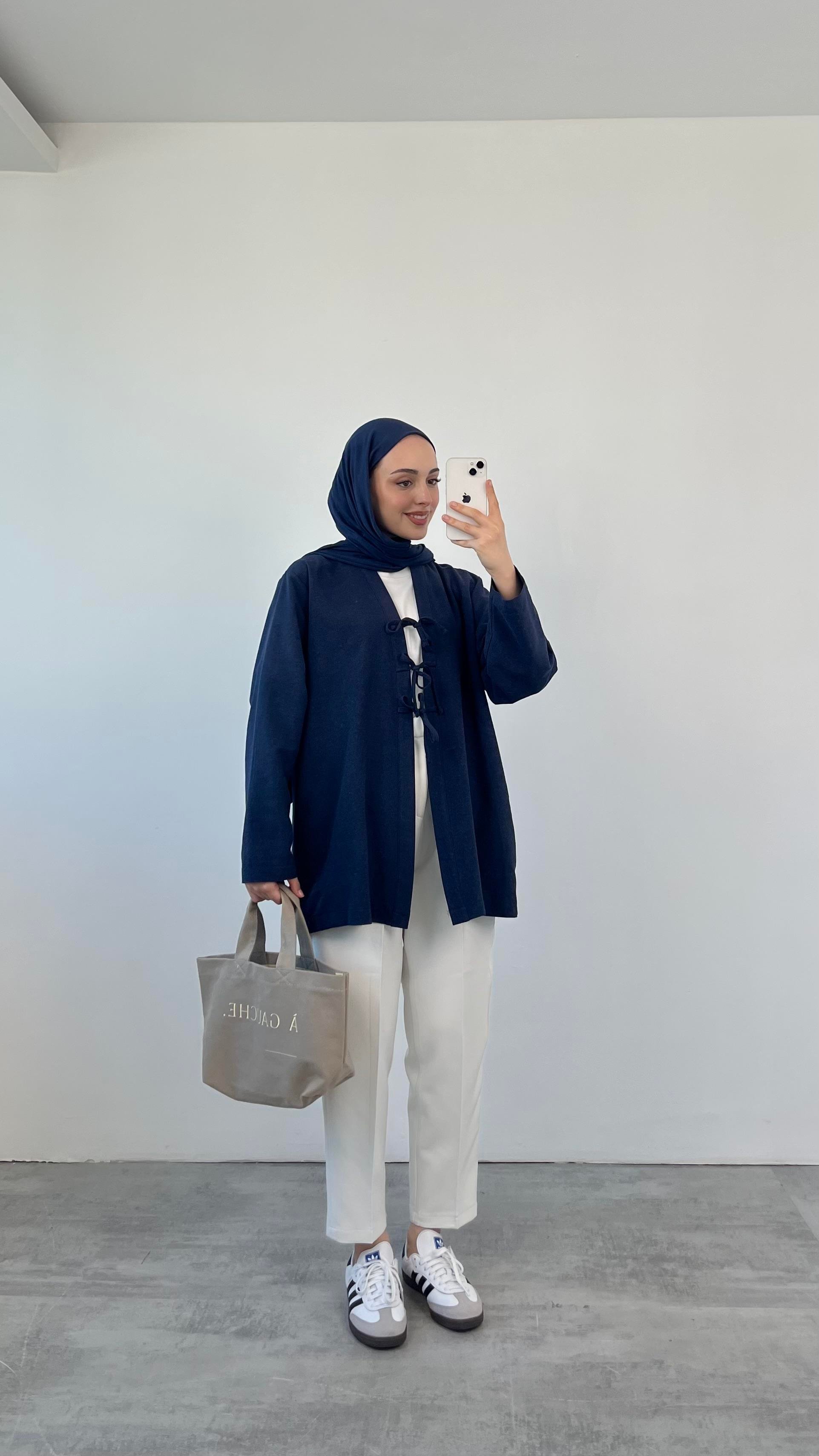 Önden Bağlamlı Keten Kimono Lacivert