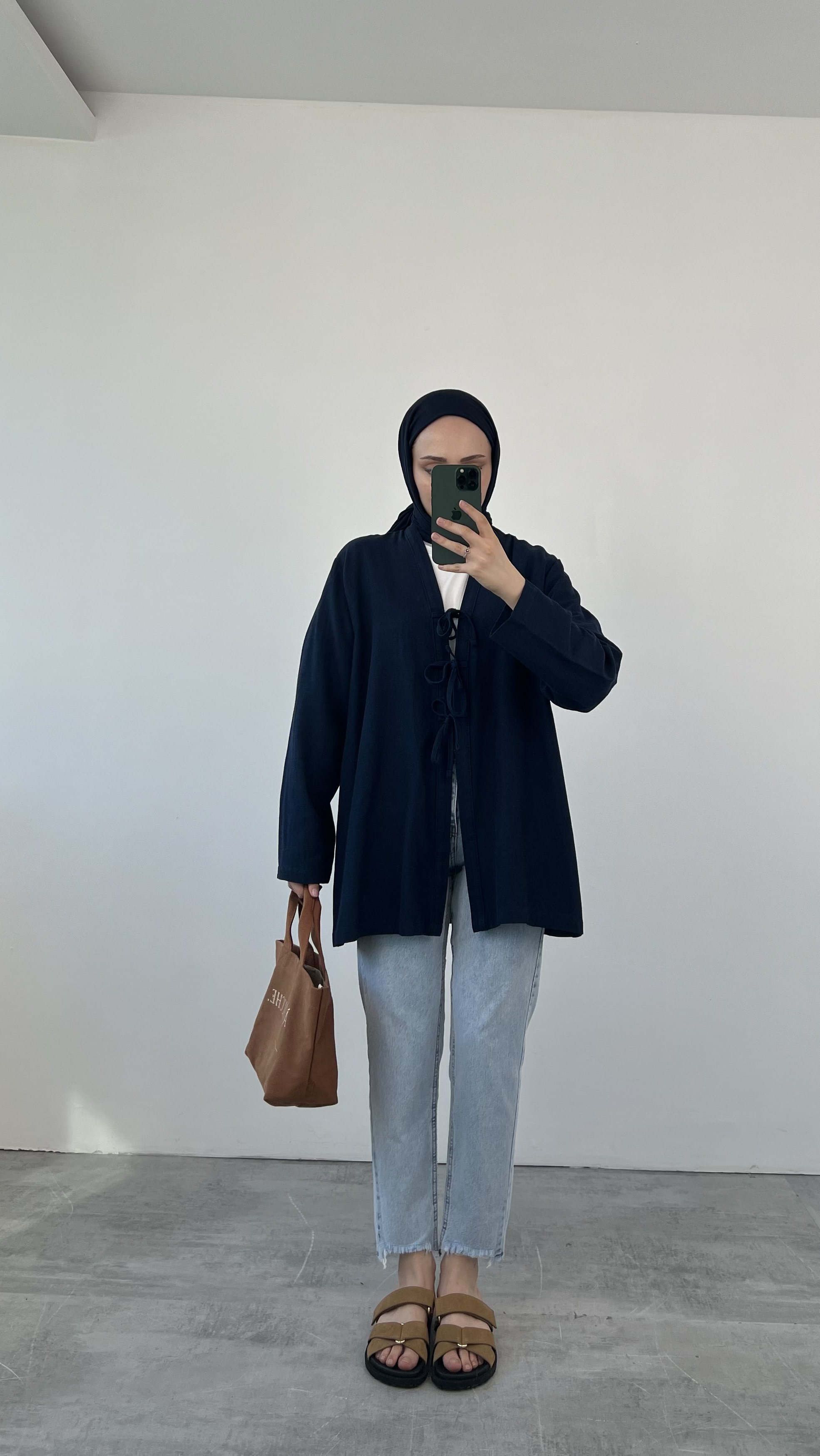 Önden Bağlamlı Keten Kimono Lacivert