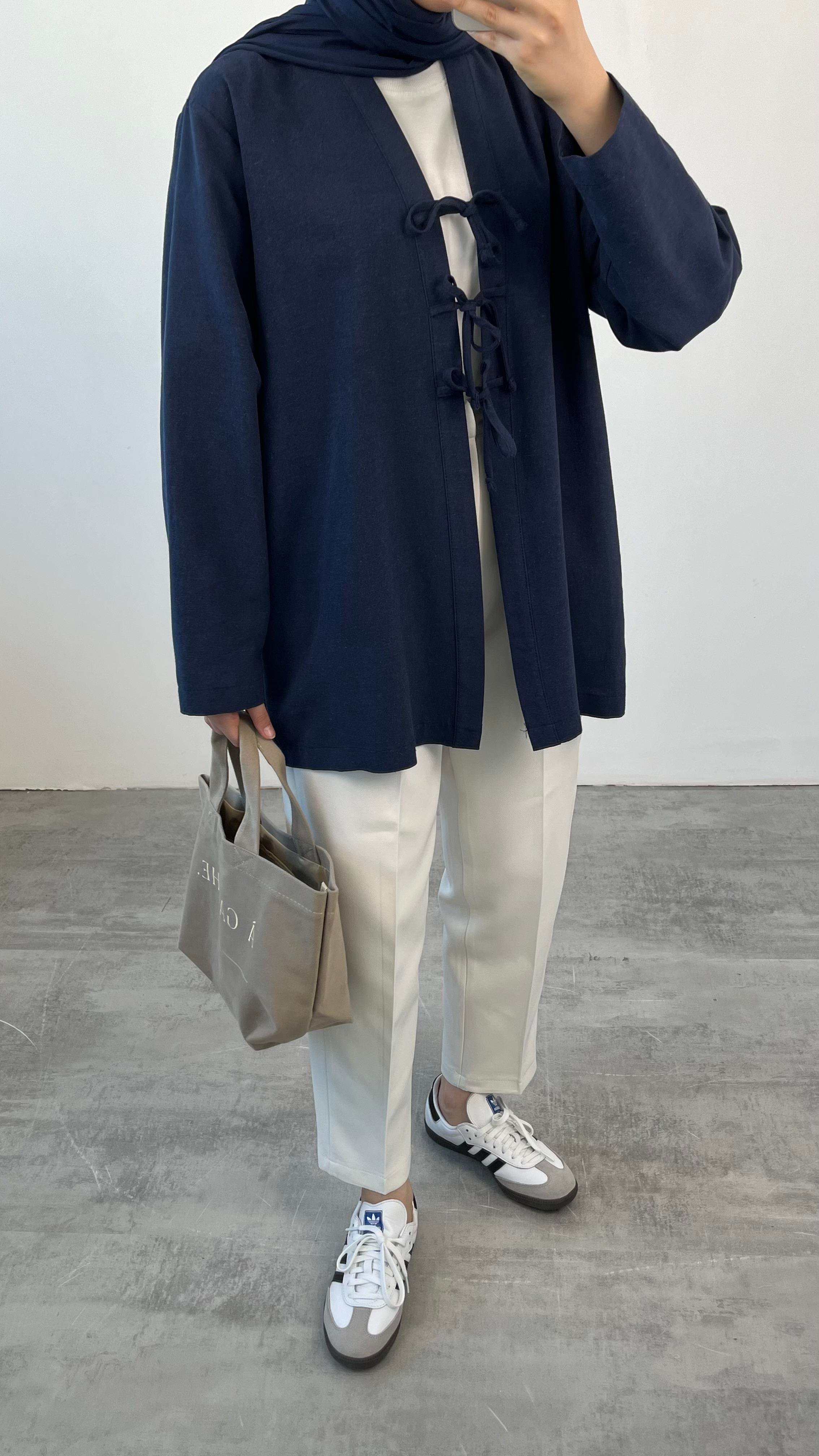 Önden Bağlamlı Keten Kimono Lacivert