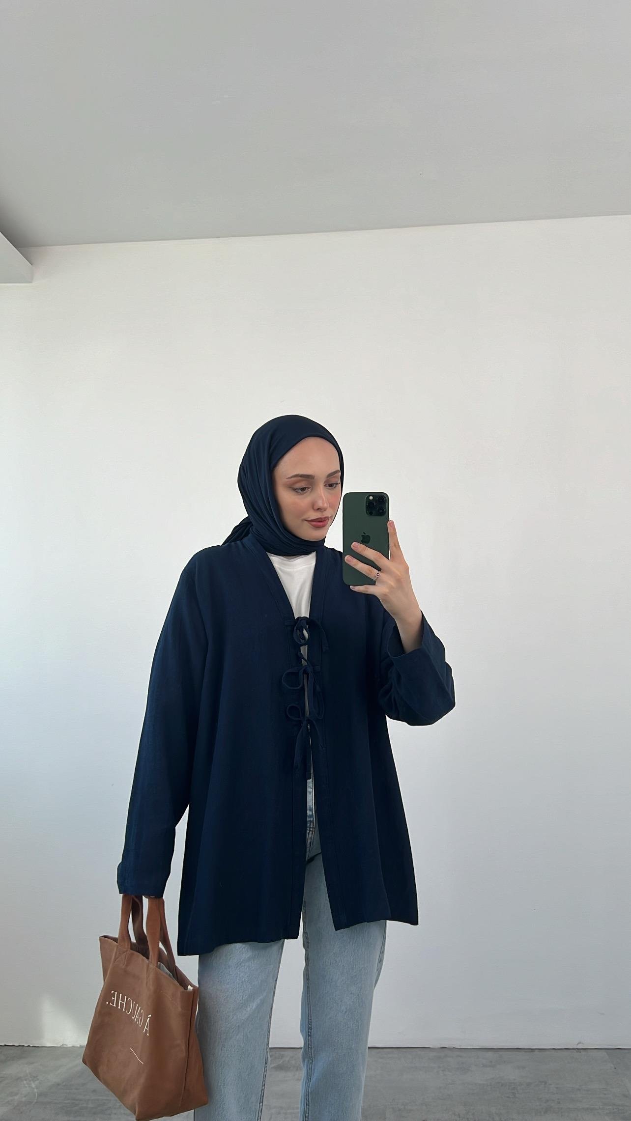 Önden Bağlamlı Keten Kimono Lacivert