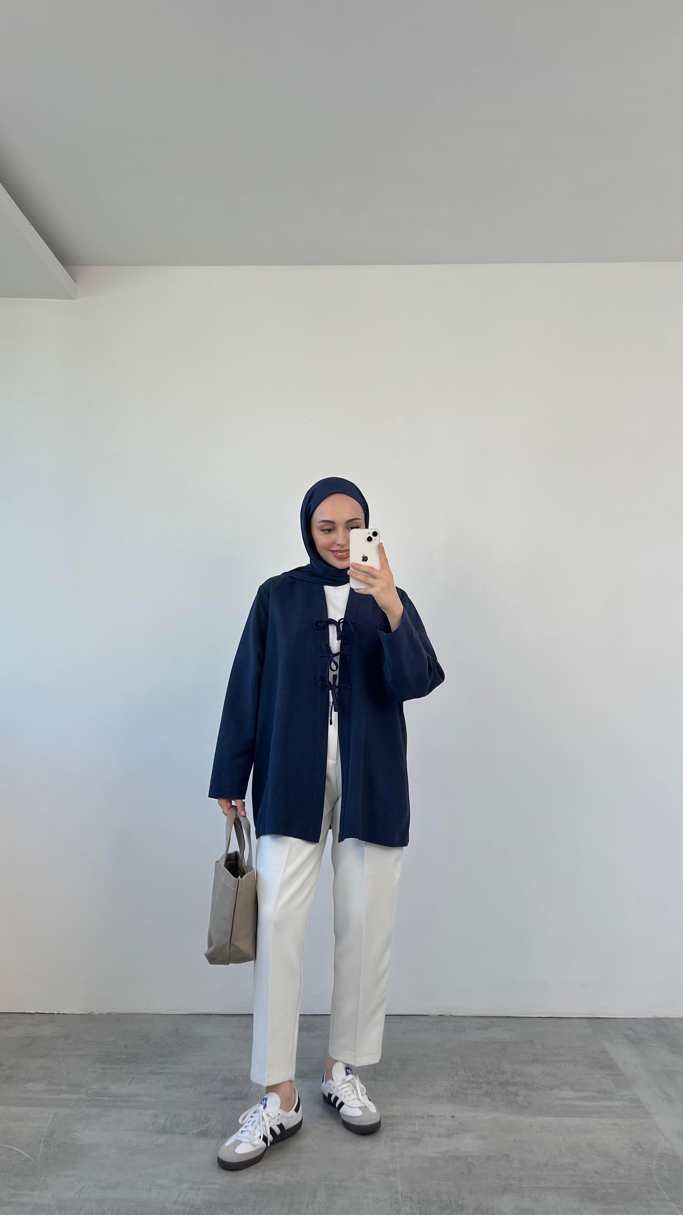 Önden Bağlamlı Keten Kimono Lacivert
