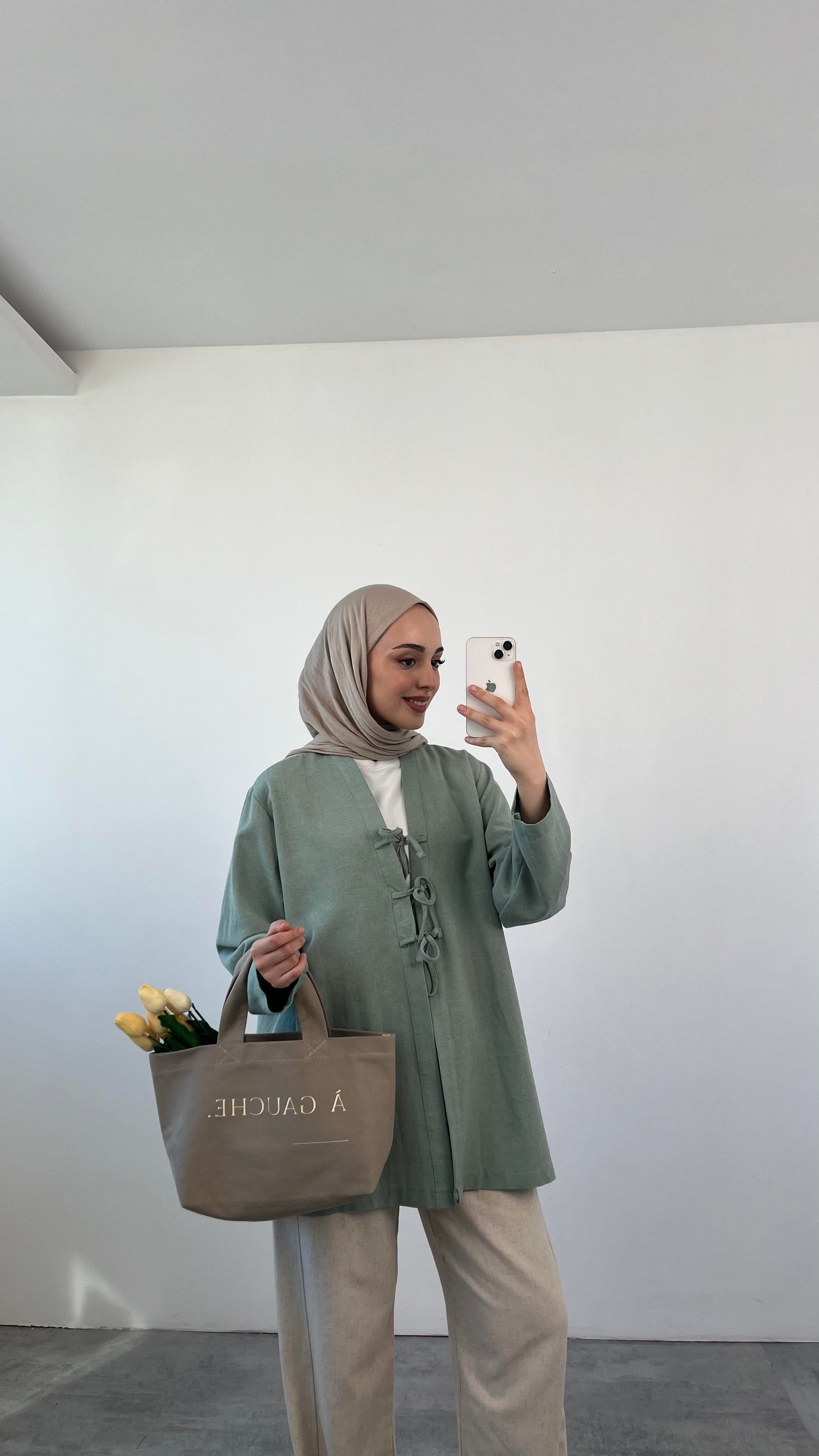Önden Bağlamlı Keten Kimono Mint