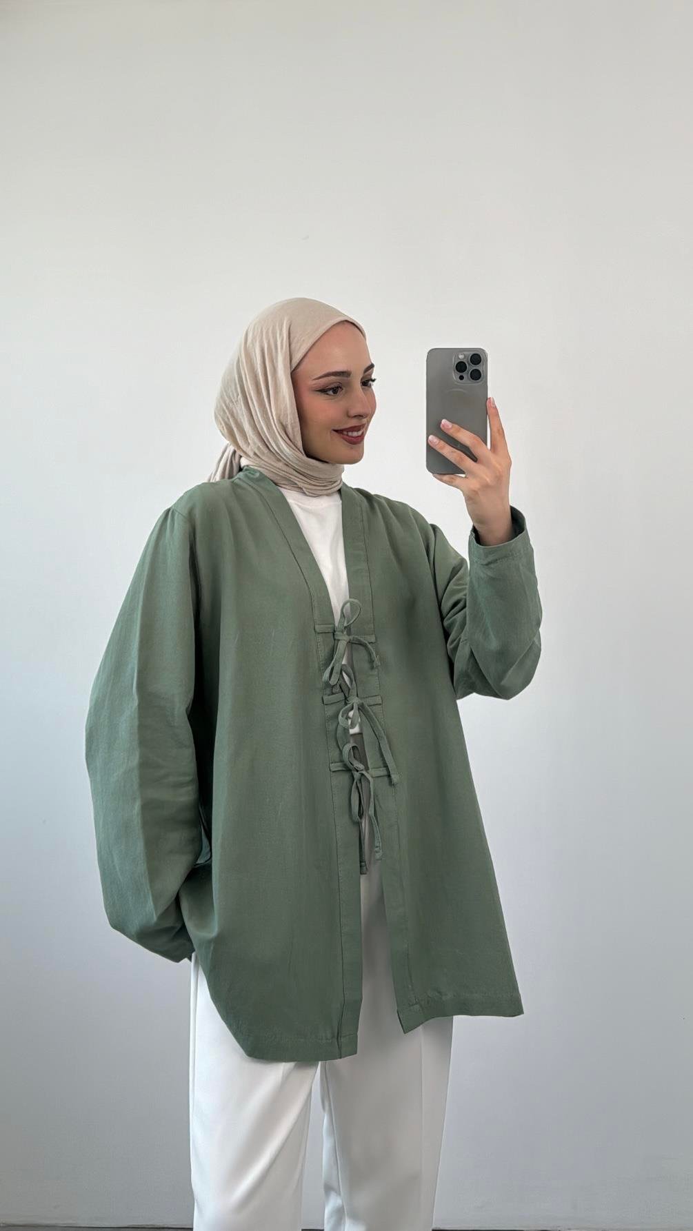 Önden Bağlamlı Keten Kimono Mint