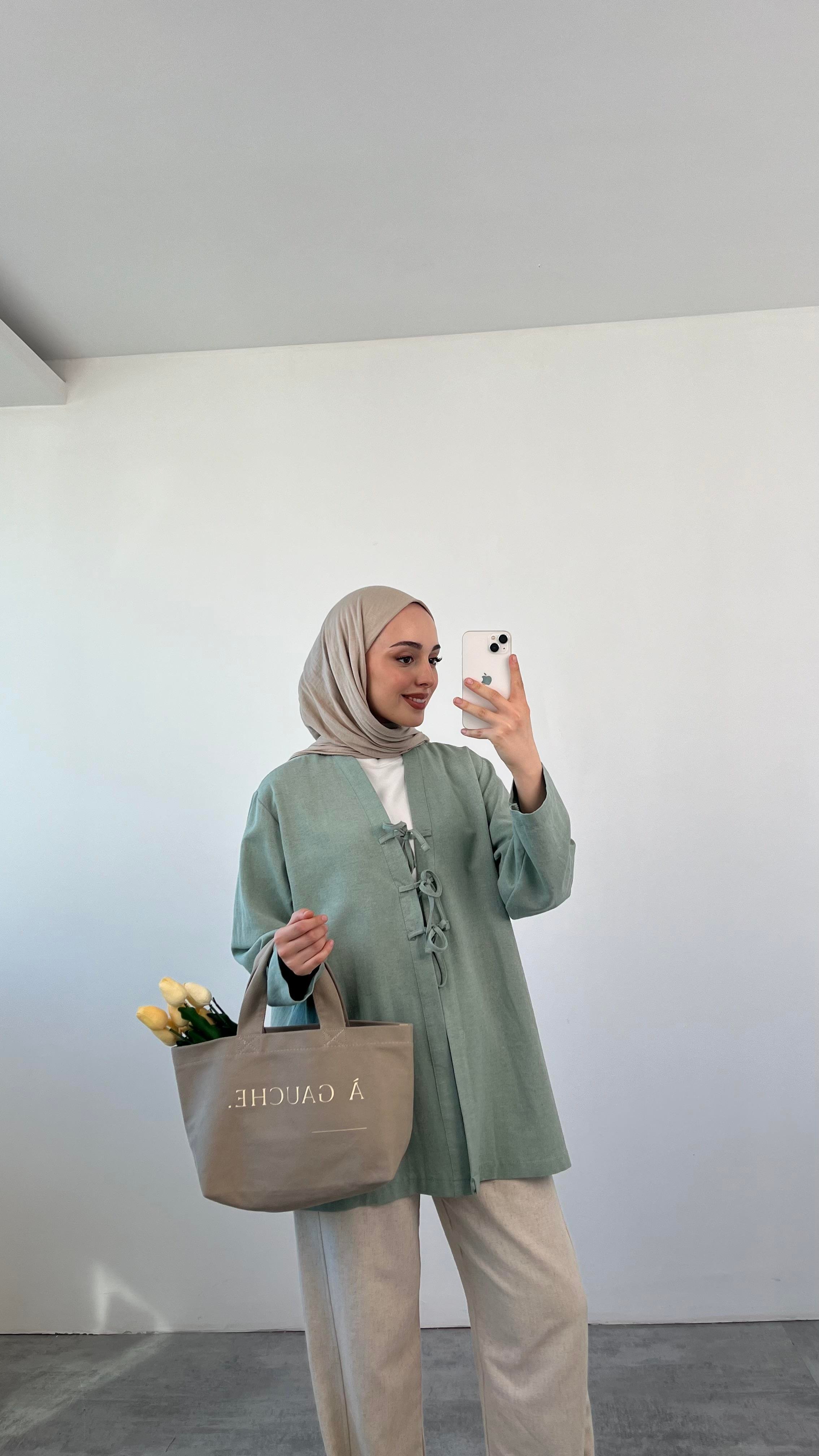Önden Bağlamlı Keten Kimono Mint