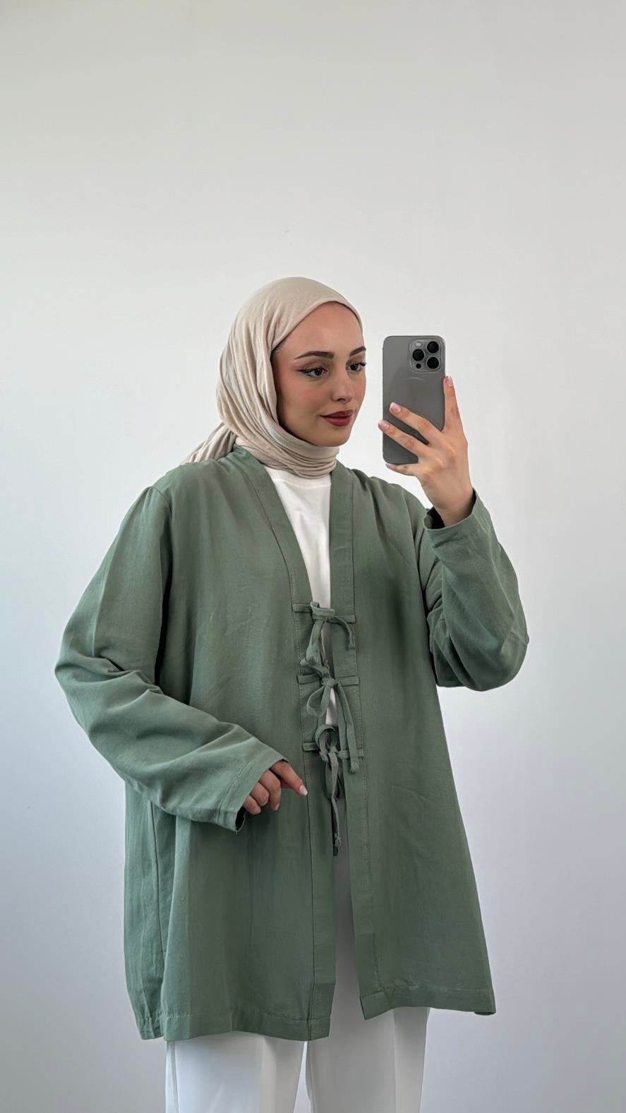 Önden Bağlamlı Keten Kimono Mint