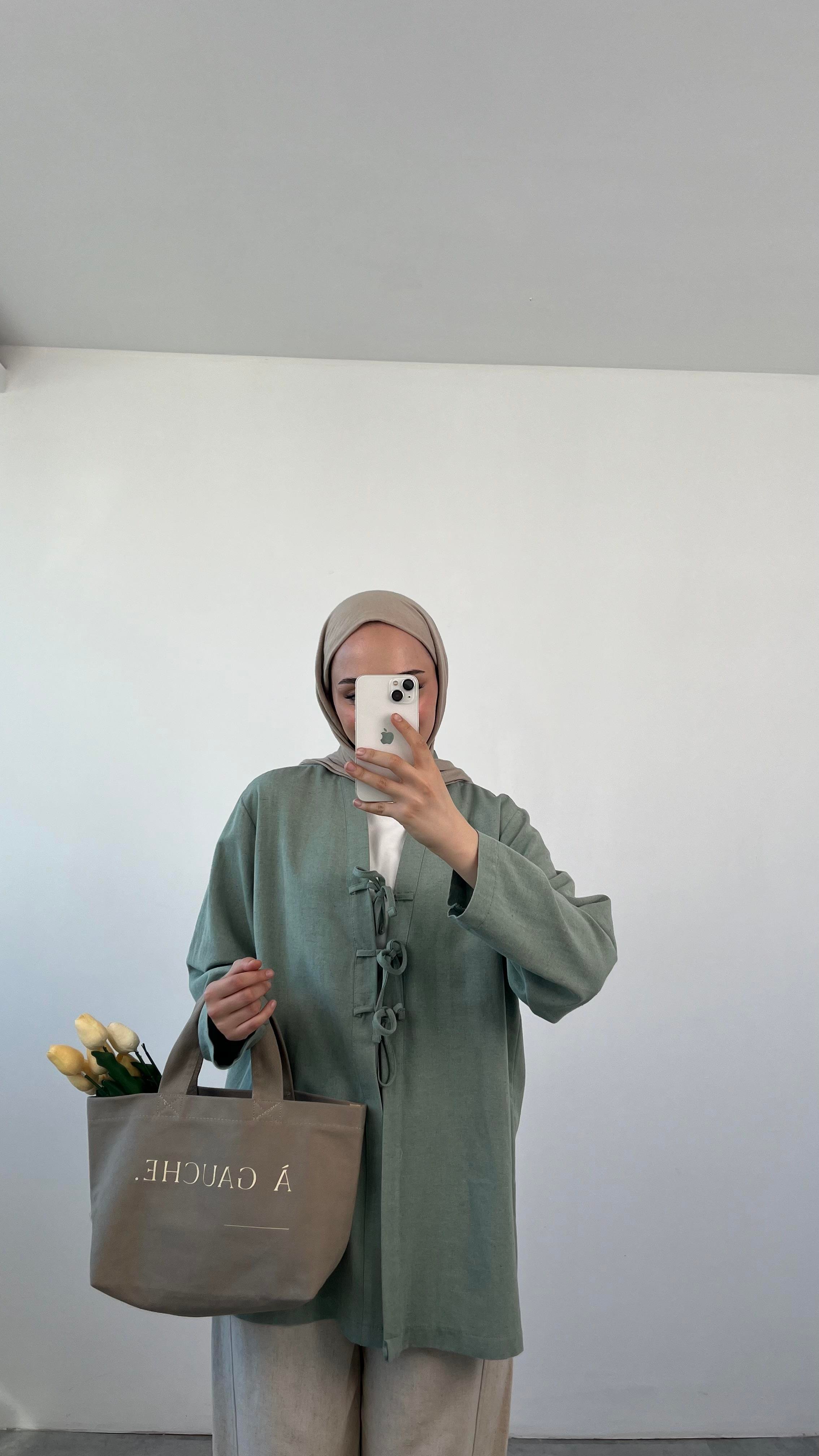 Önden Bağlamlı Keten Kimono Mint